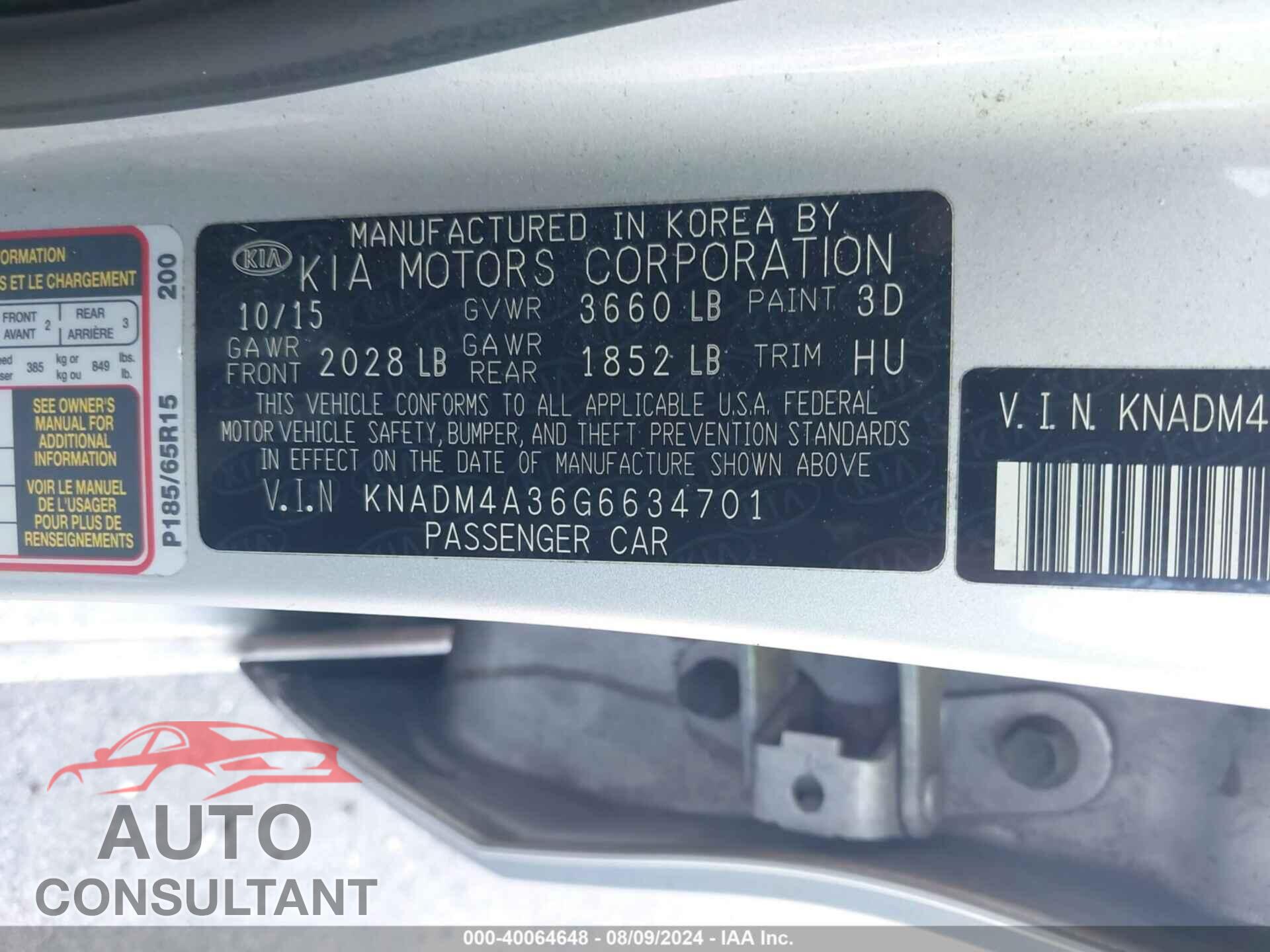 KIA RIO 2016 - KNADM4A36G6634701