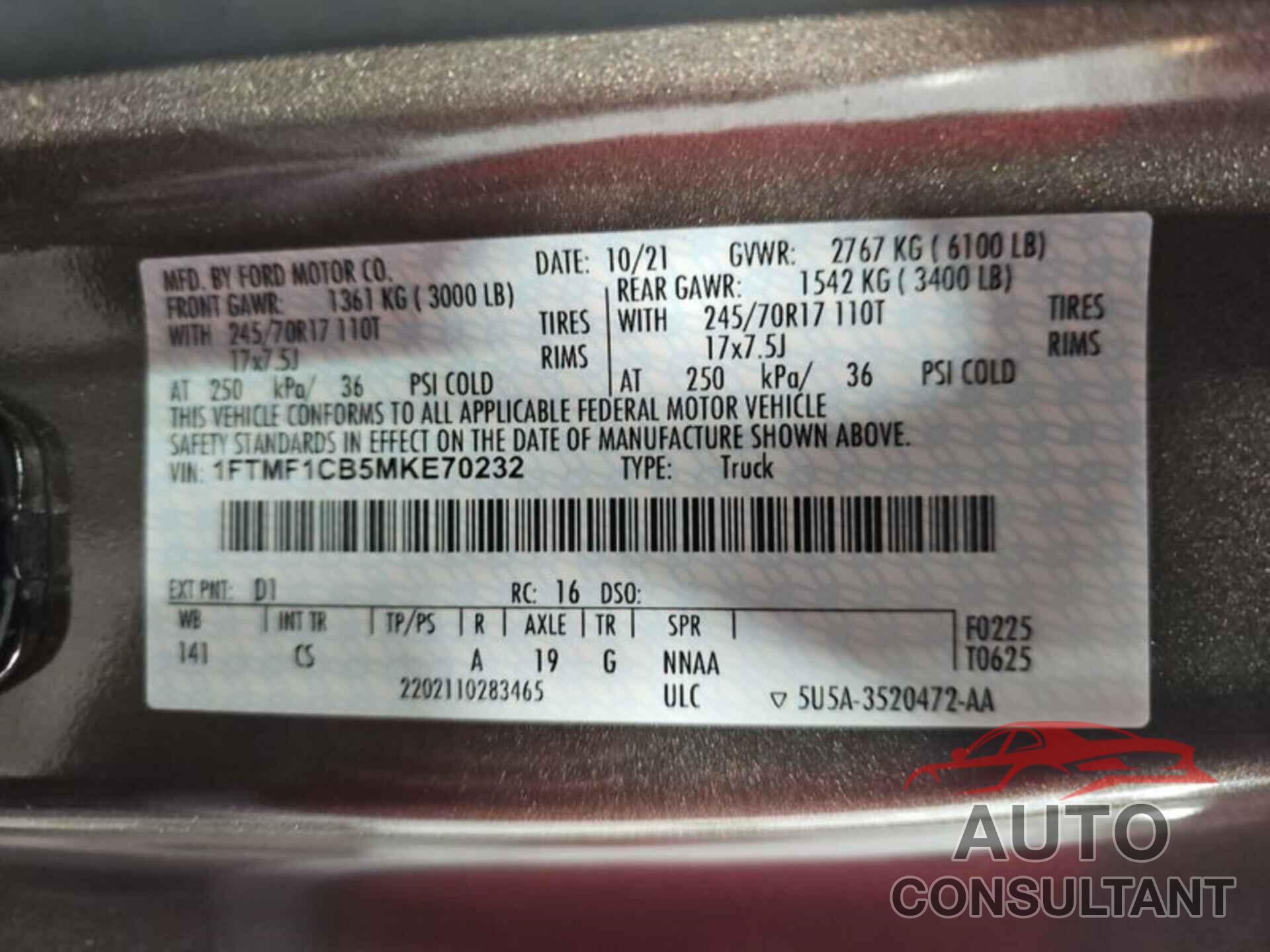 FORD F150 2021 - 1FTMF1CB5MKE70232