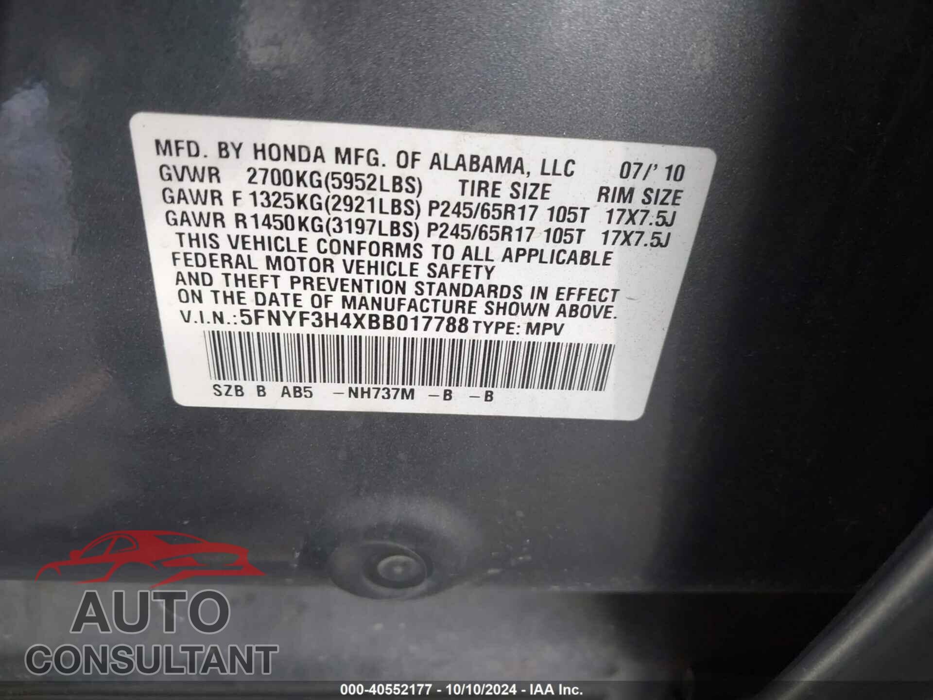 HONDA PILOT 2011 - 5FNYF3H4XBB017788