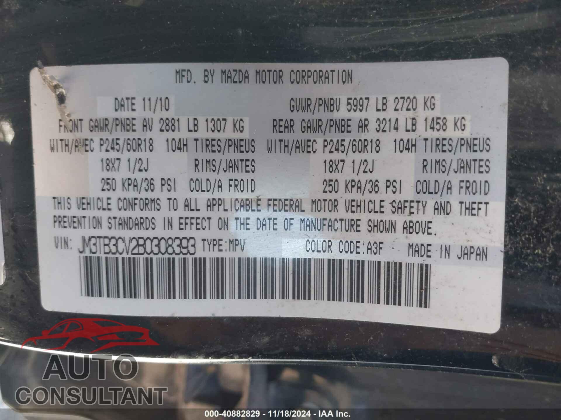 MAZDA CX-9 2011 - JM3TB3CV2B0308393