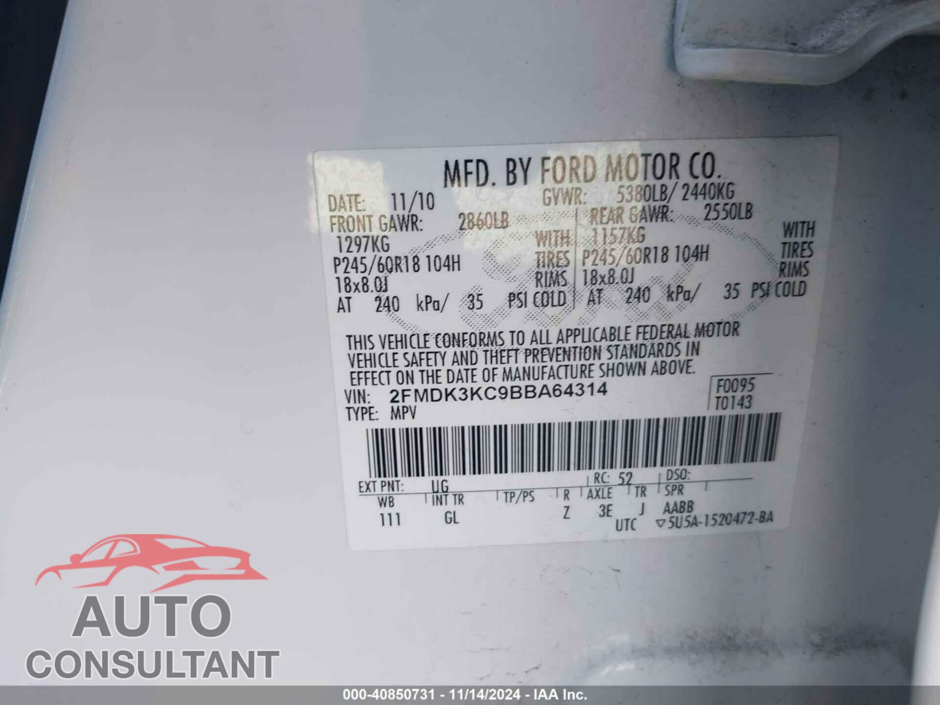 FORD EDGE 2011 - 2FMDK3KC9BBA64314