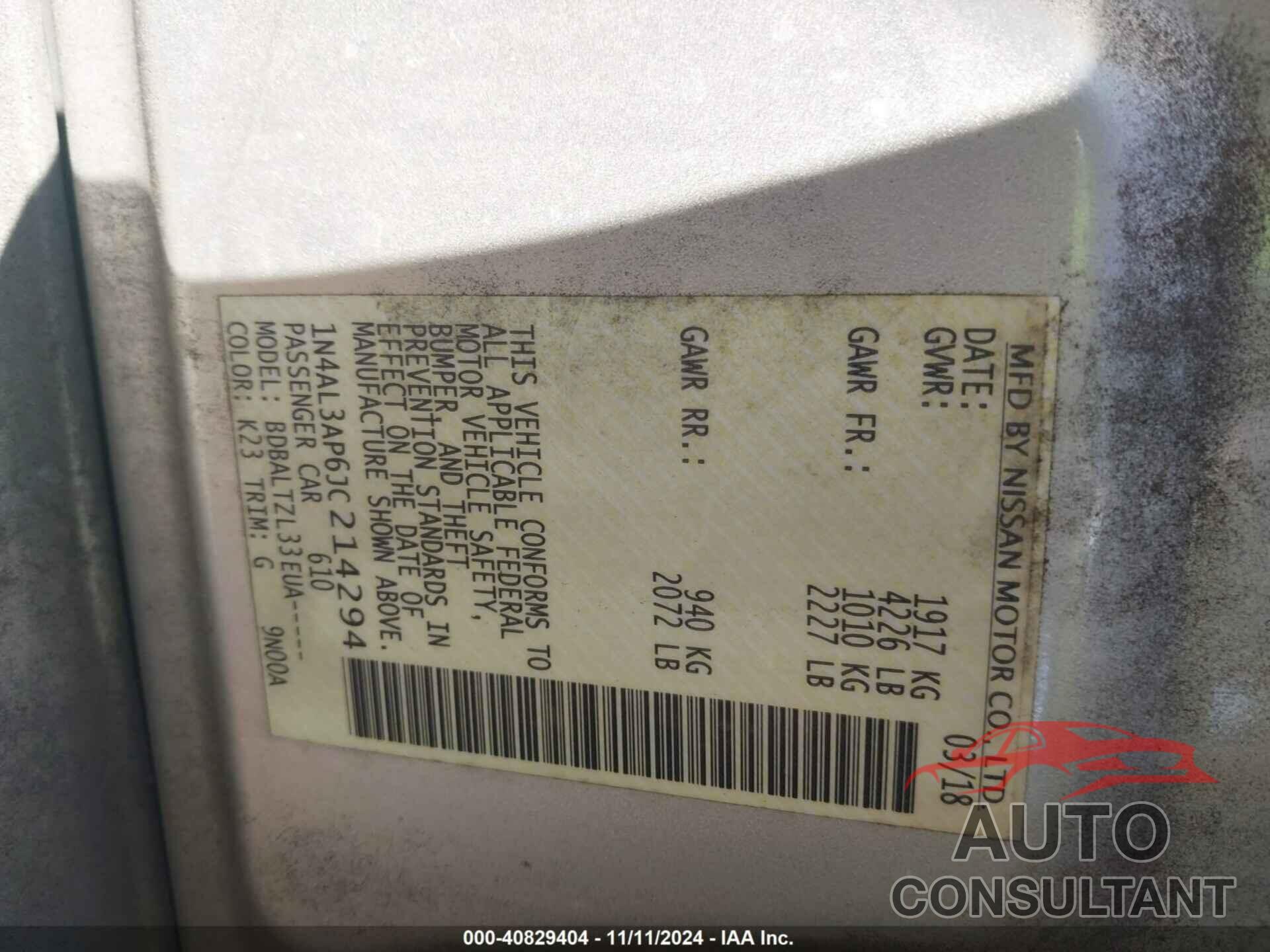 NISSAN ALTIMA 2018 - 1N4AL3AP6JC214294
