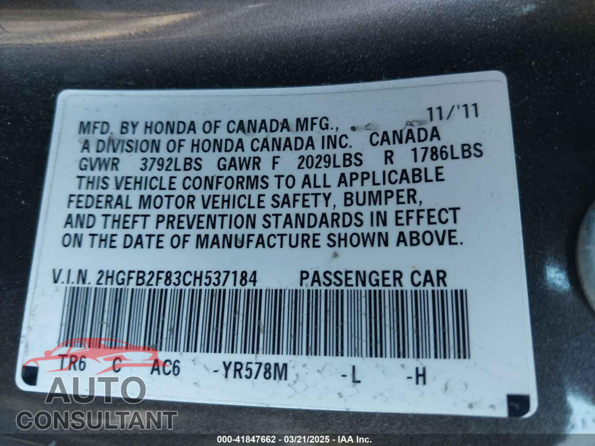 HONDA CIVIC 2012 - 2HGFB2F83CH537184