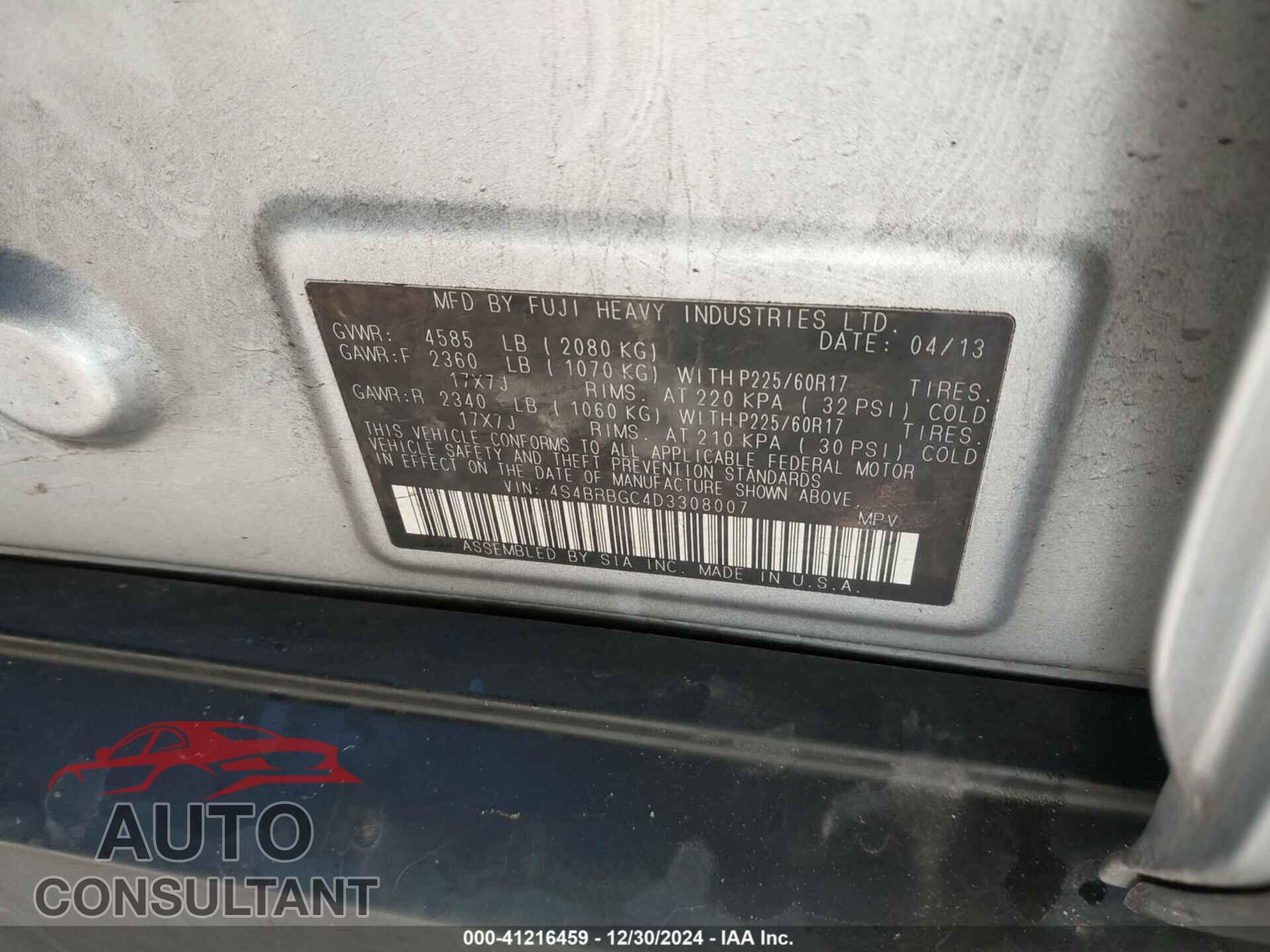 SUBARU OUTBACK 2013 - 4S4BRBGC4D3308007