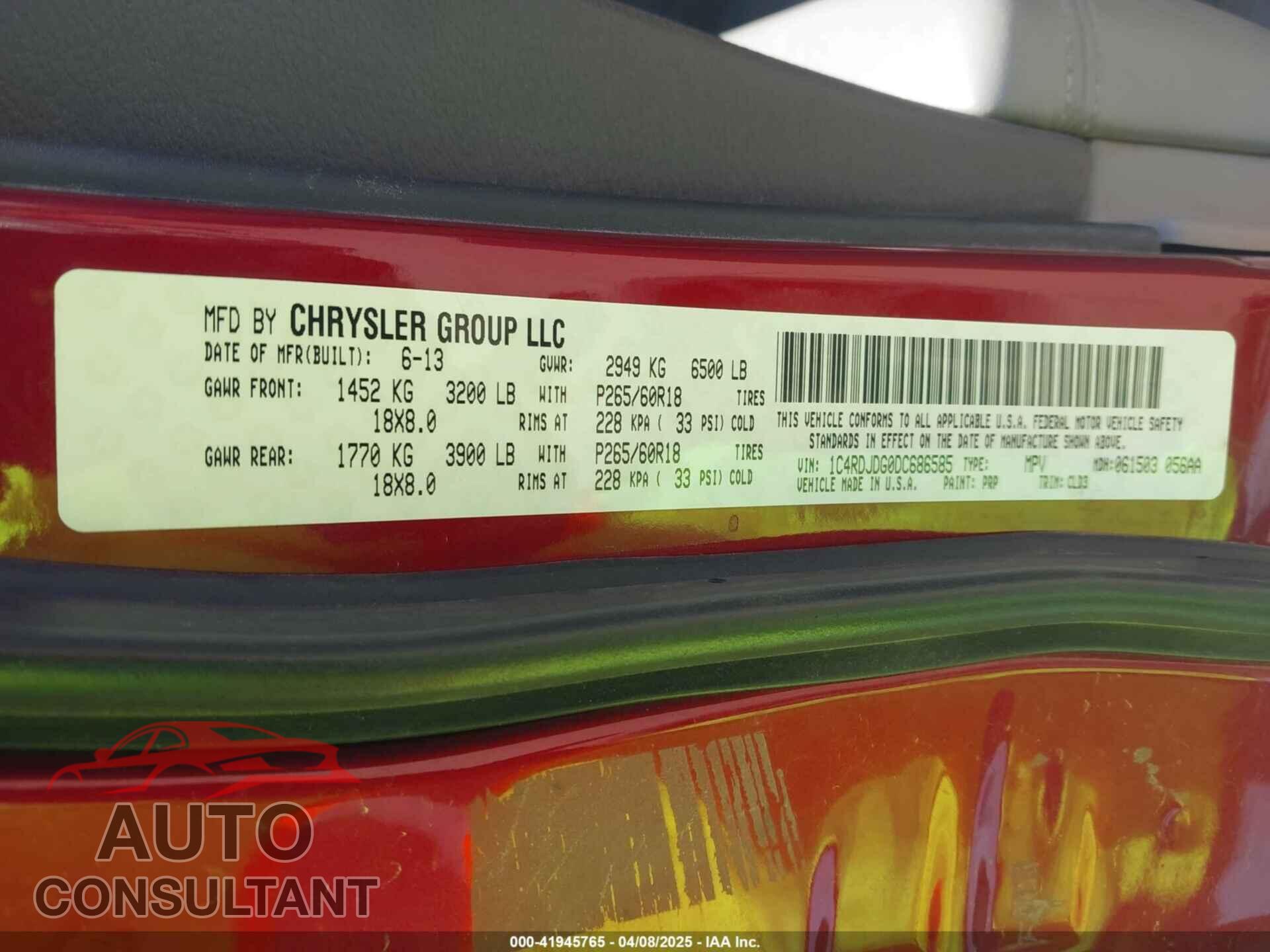 DODGE DURANGO 2013 - 1C4RDJDG0DC686585
