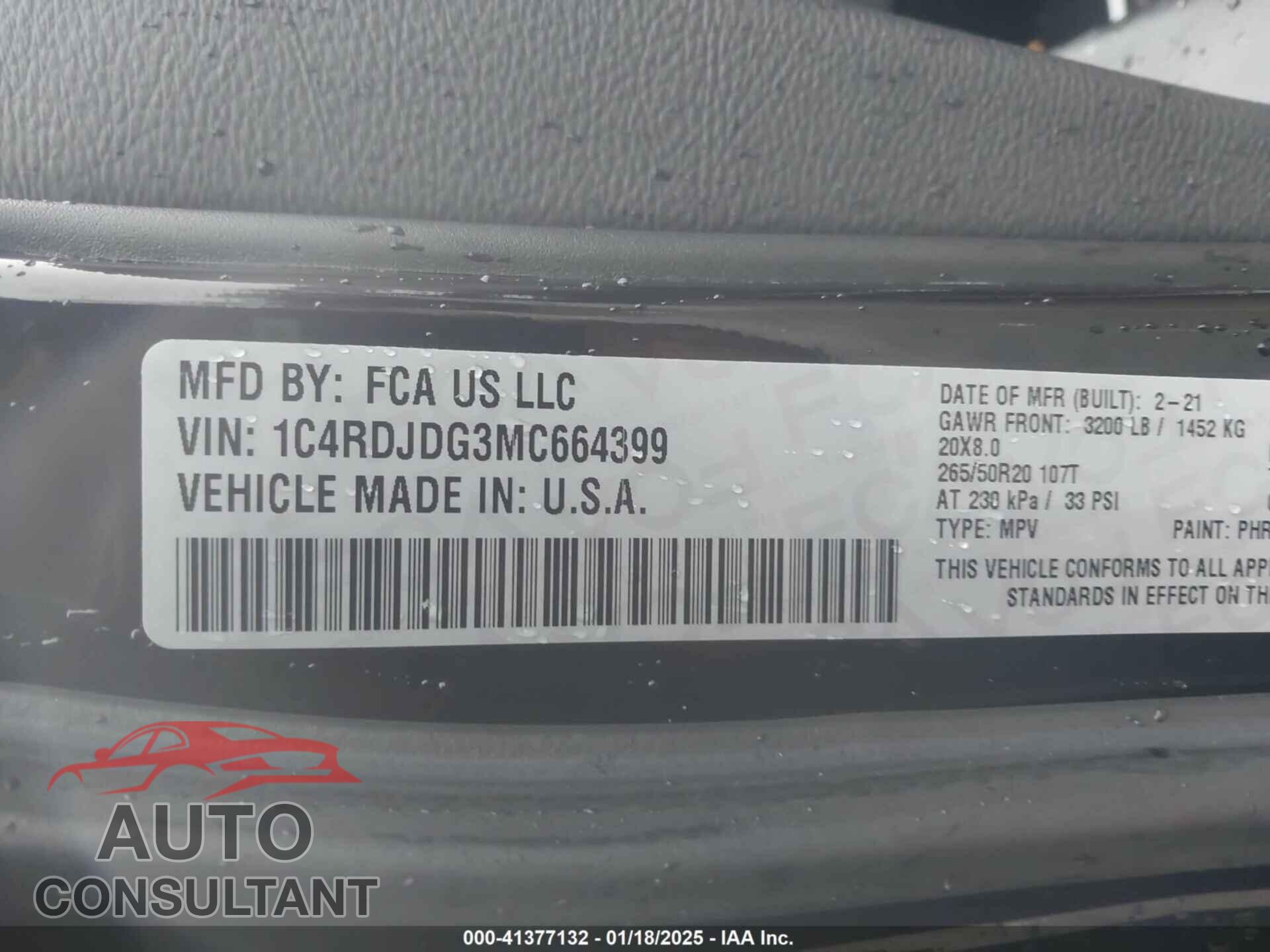 DODGE DURANGO 2021 - 1C4RDJDG3MC664399