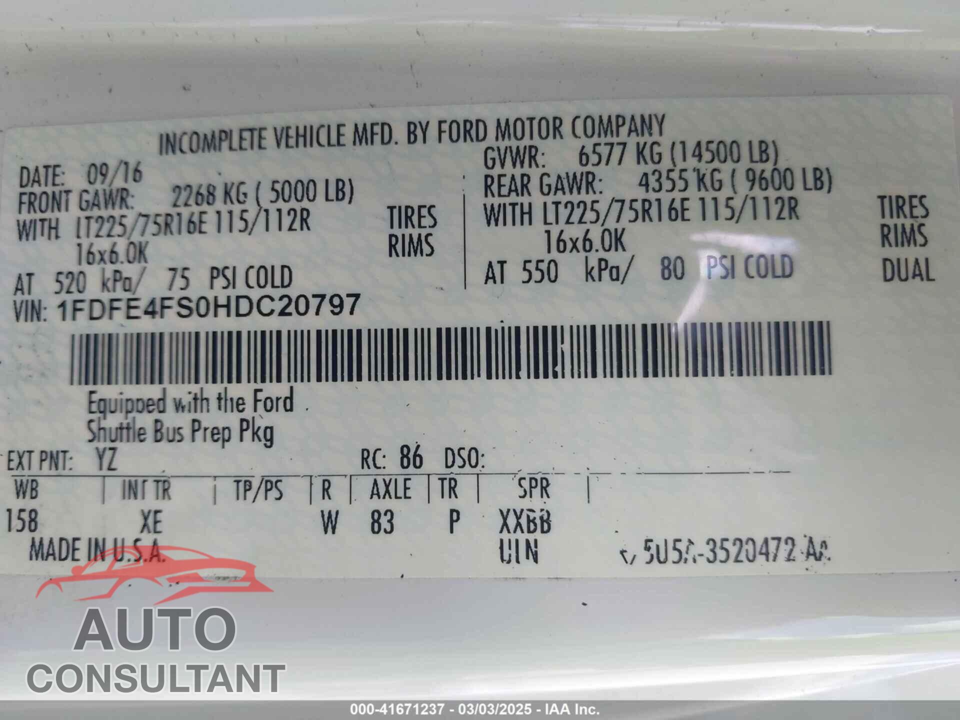FORD E-450 CUTAWAY 2017 - 1FDFE4FS0HDC20797