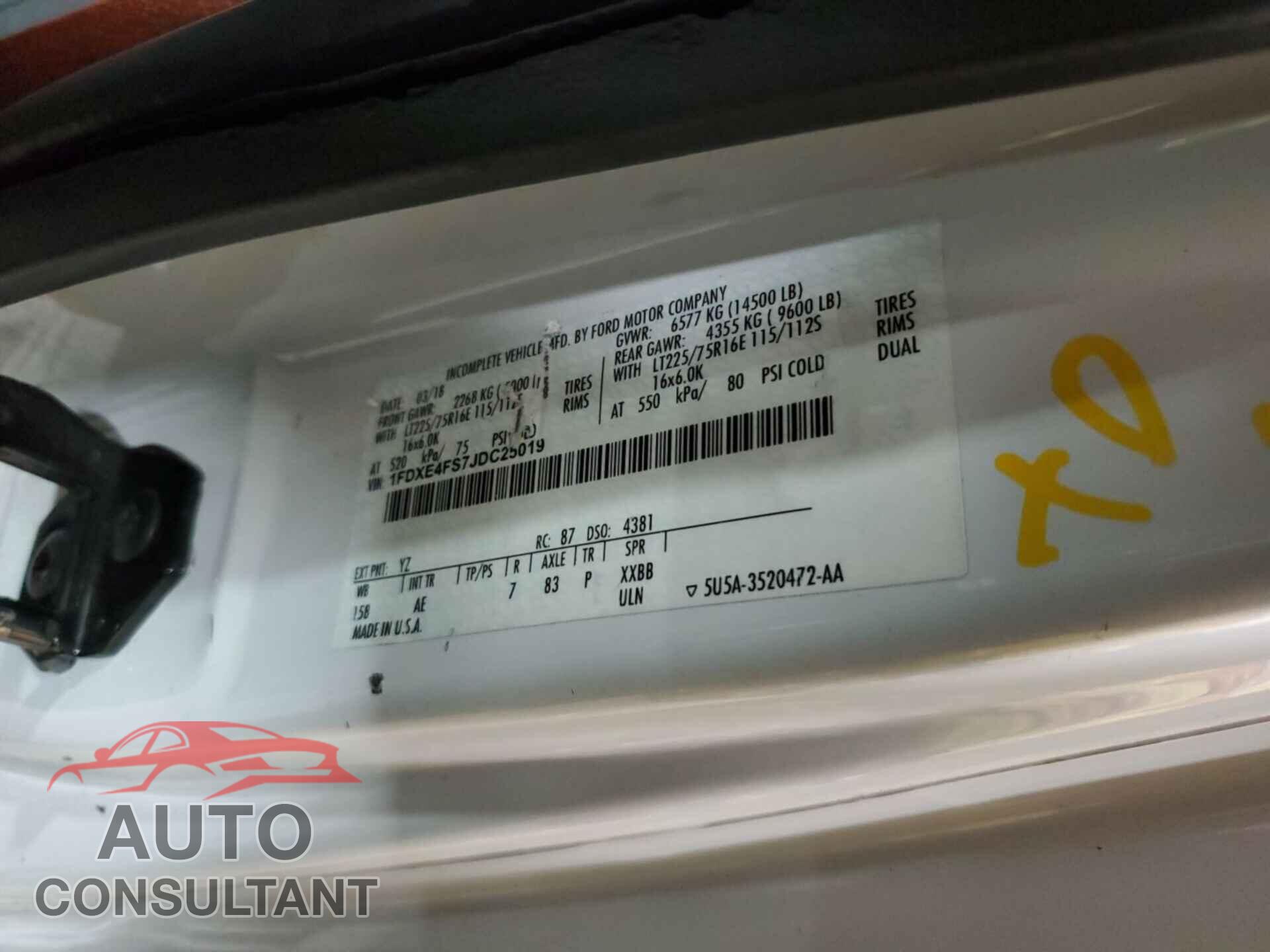 FORD E-450 CUTAWAY 2018 - 1FDXE4FS7JDC25019