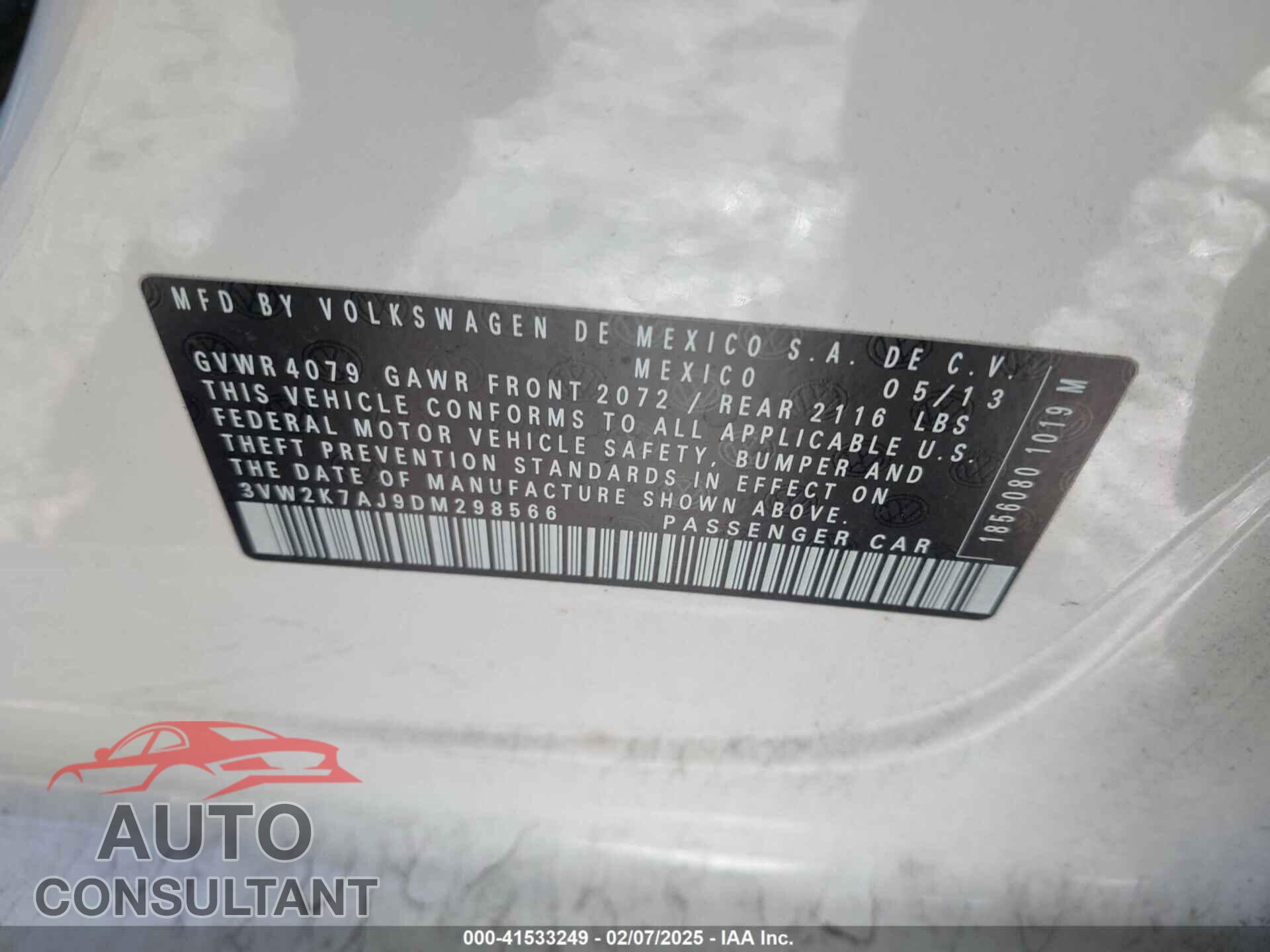VOLKSWAGEN JETTA 2013 - 3VW2K7AJ9DM298566