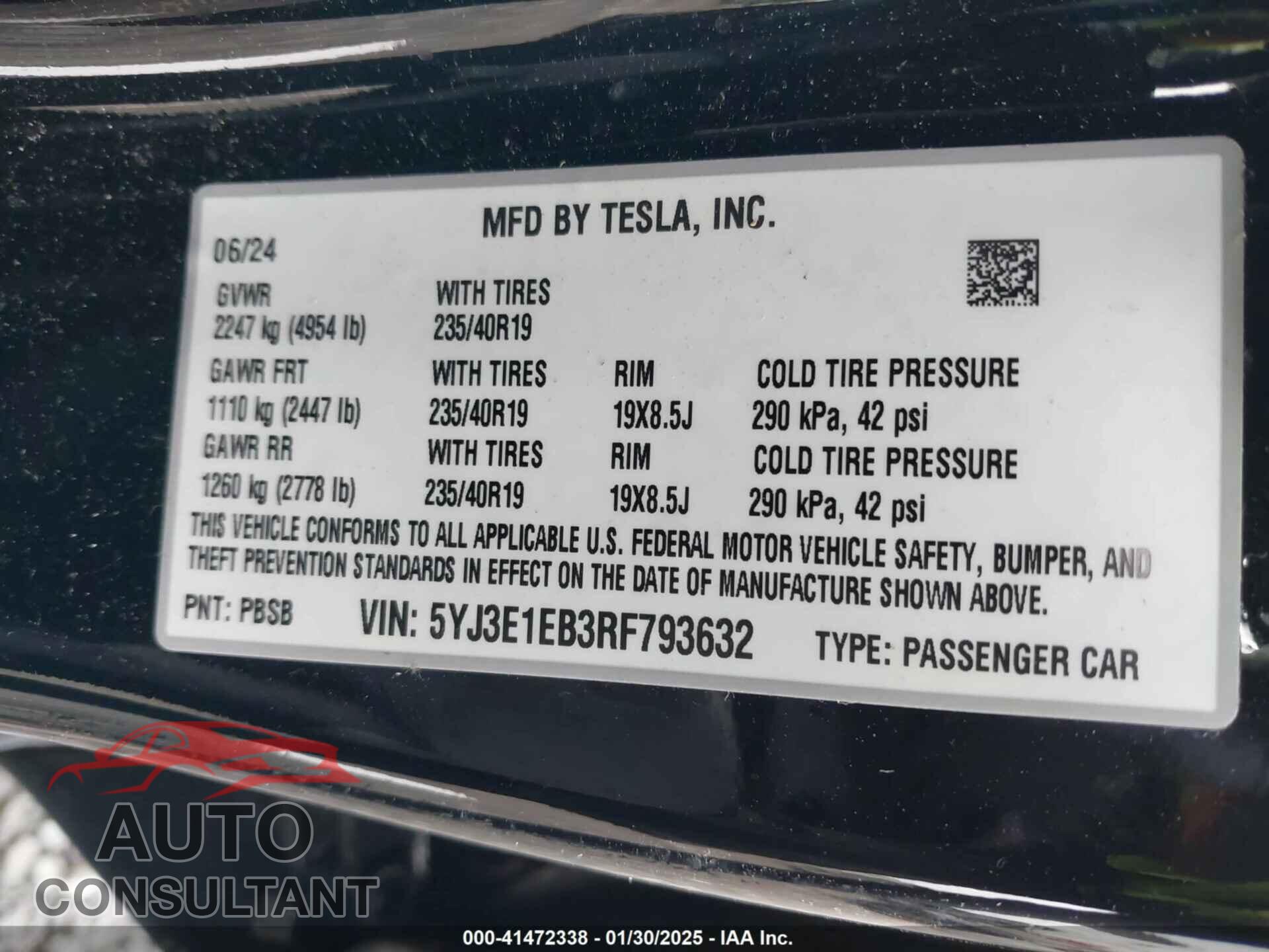 TESLA MODEL 3 2024 - 5YJ3E1EB3RF793632