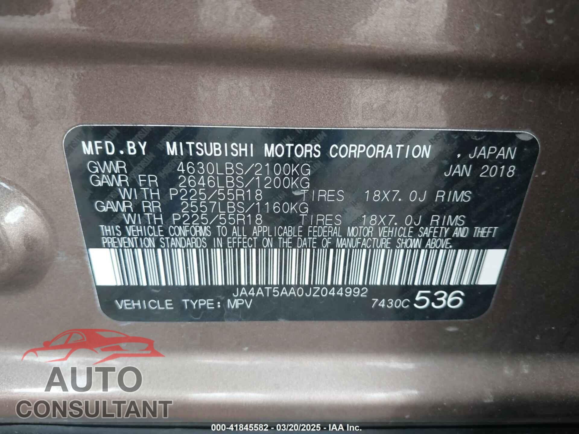 MITSUBISHI ECLIPSE CROSS 2018 - JA4AT5AA0JZ044992