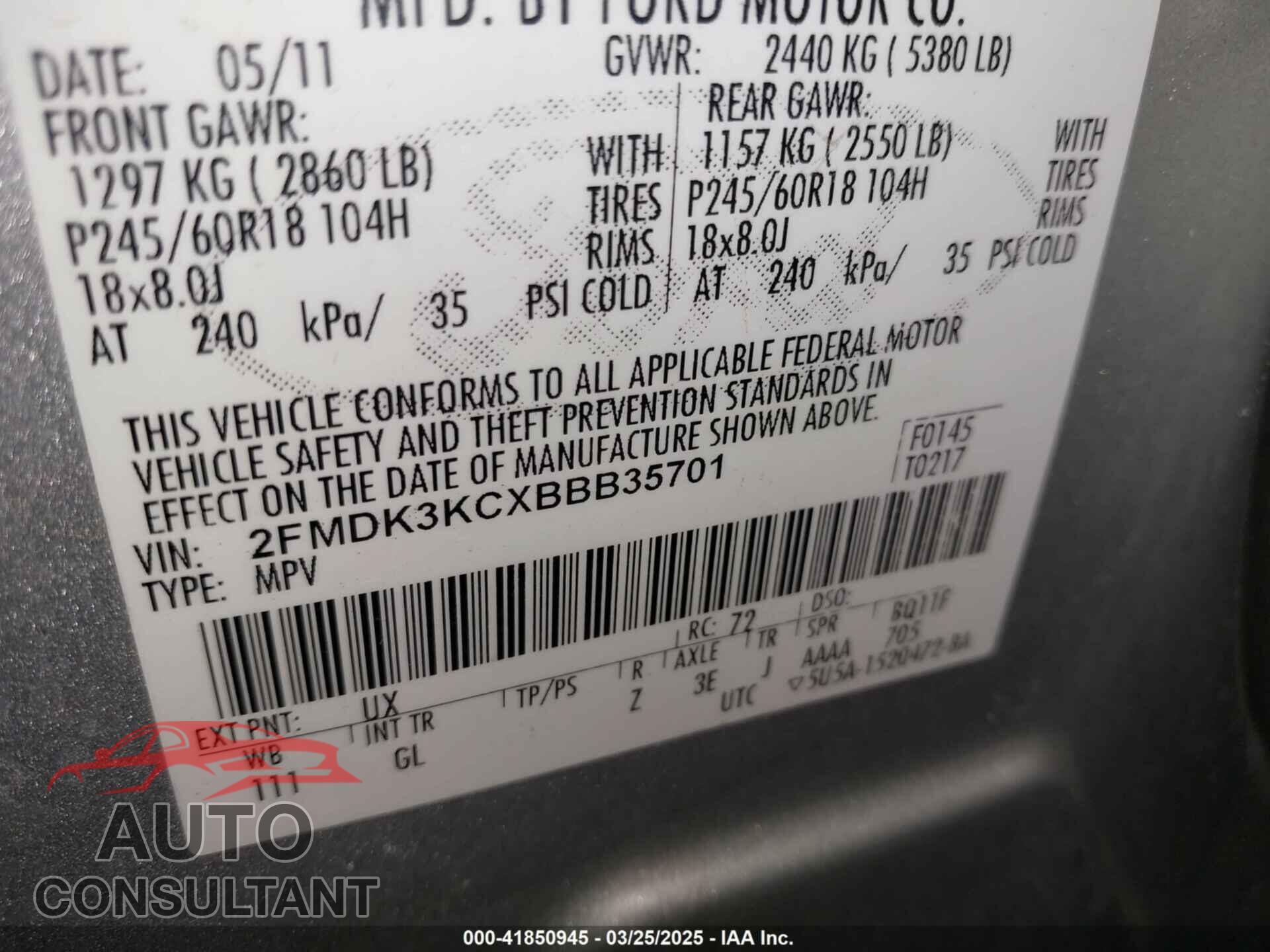 FORD EDGE 2011 - 2FMDK3KCXBBB35701