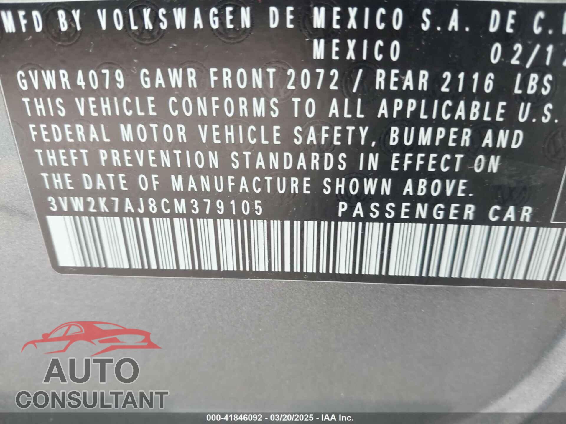 VOLKSWAGEN JETTA 2012 - 3VW2K7AJ8CM379105