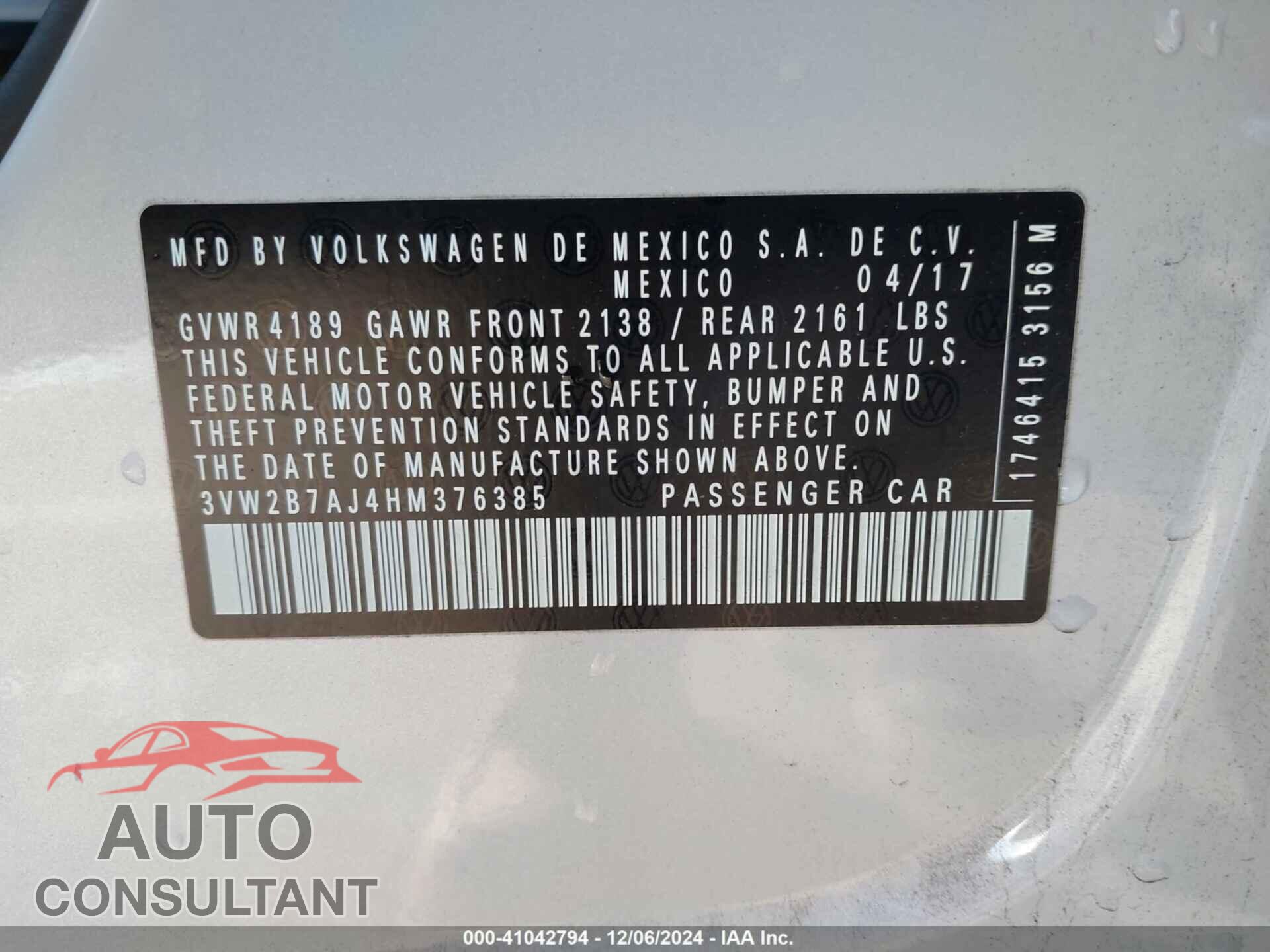 VOLKSWAGEN JETTA 2017 - 3VW2B7AJ4HM376385