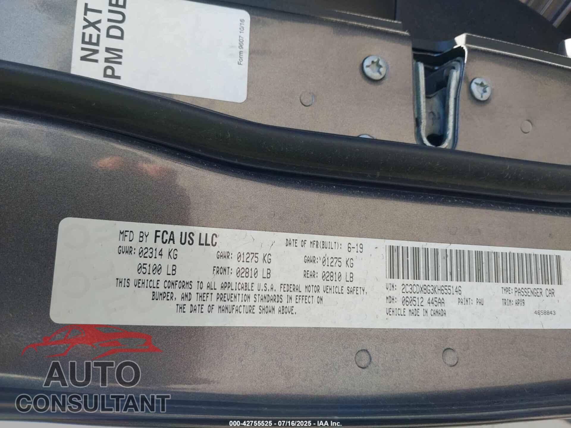 DODGE CHARGER 2019 - 2C3CDXBG3KH655146