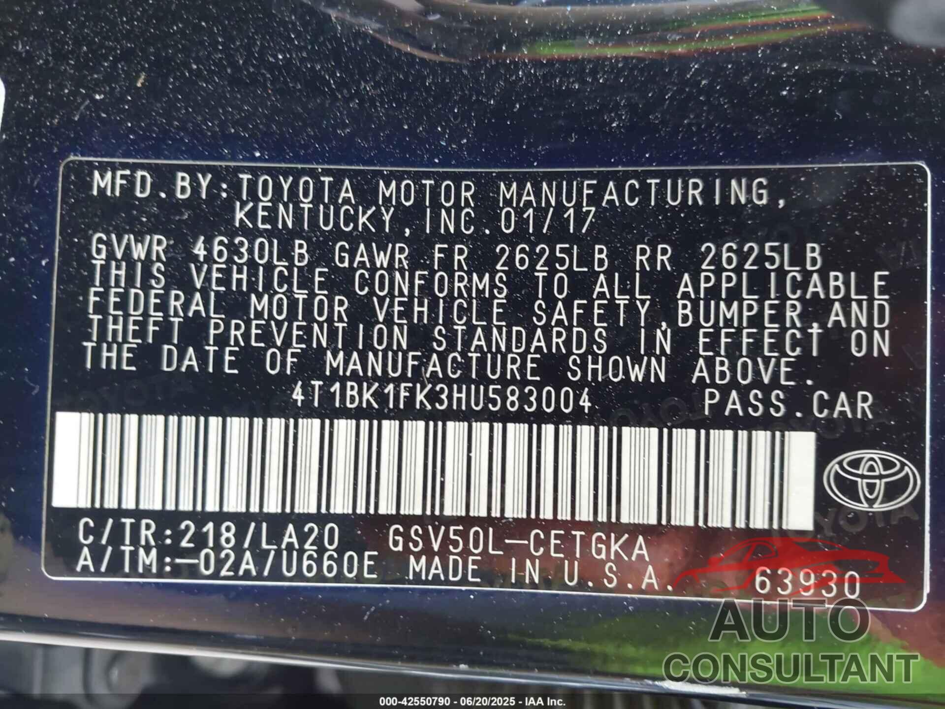 TOYOTA CAMRY 2017 - 4T1BK1FK3HU583004