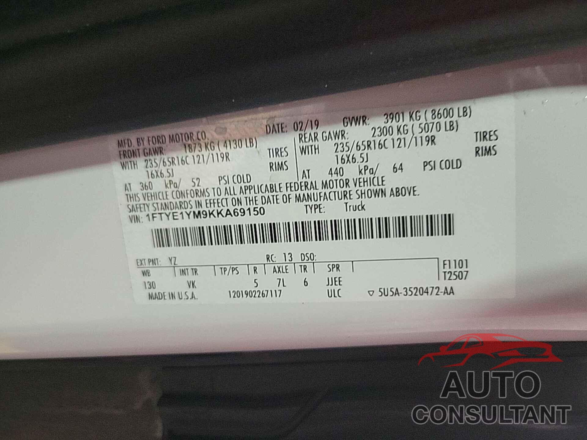 FORD TRANSIT-150 2019 - 1FTYE1YM9KKA69150