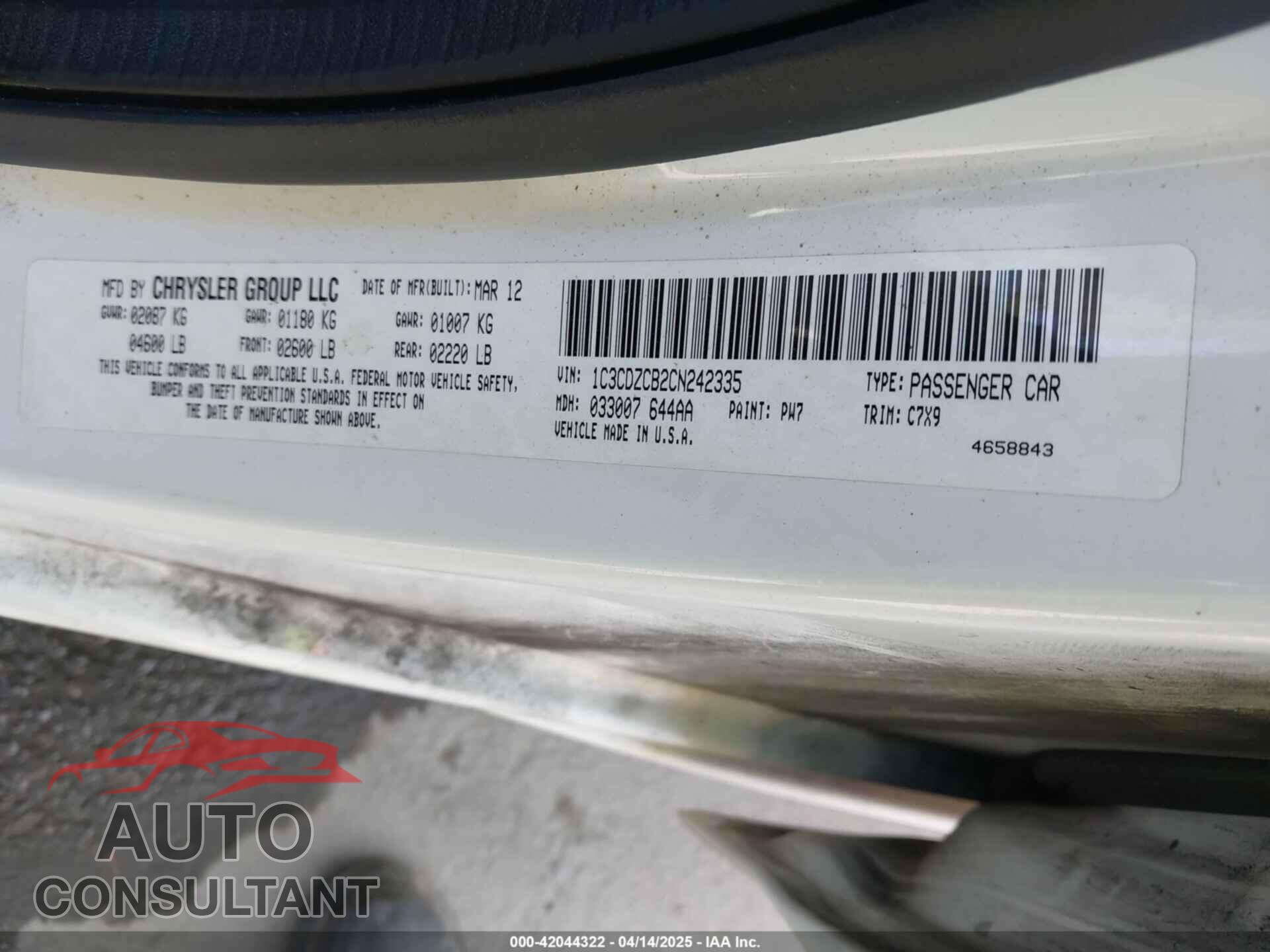 DODGE AVENGER 2012 - 1C3CDZCB2CN242335