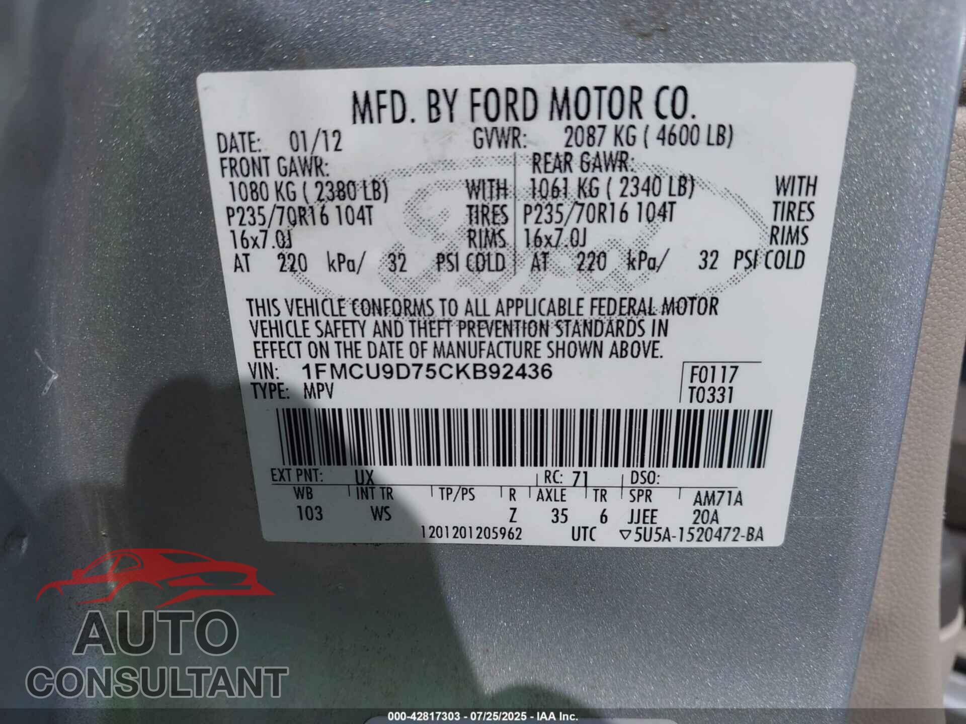 FORD ESCAPE 2012 - 1FMCU9D75CKB92436