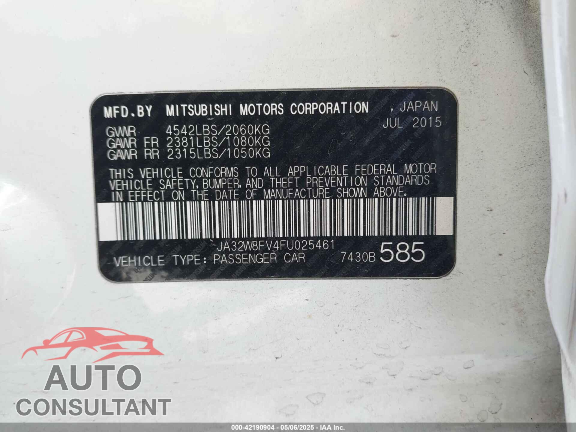 MITSUBISHI LANCER EVOLUTION 2015 - JA32W8FV4FU025461