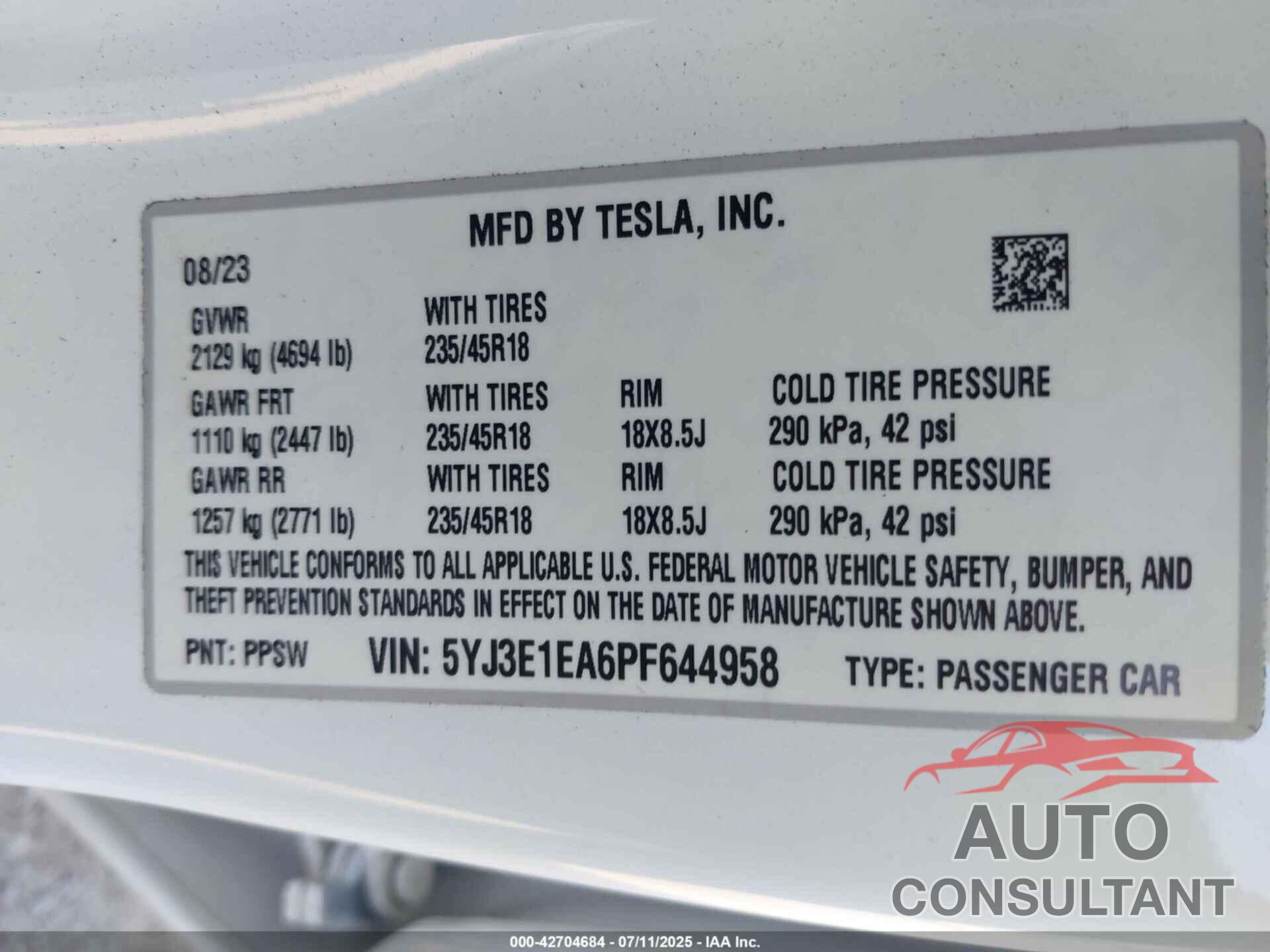 TESLA MODEL 3 2023 - 5YJ3E1EA6PF644958