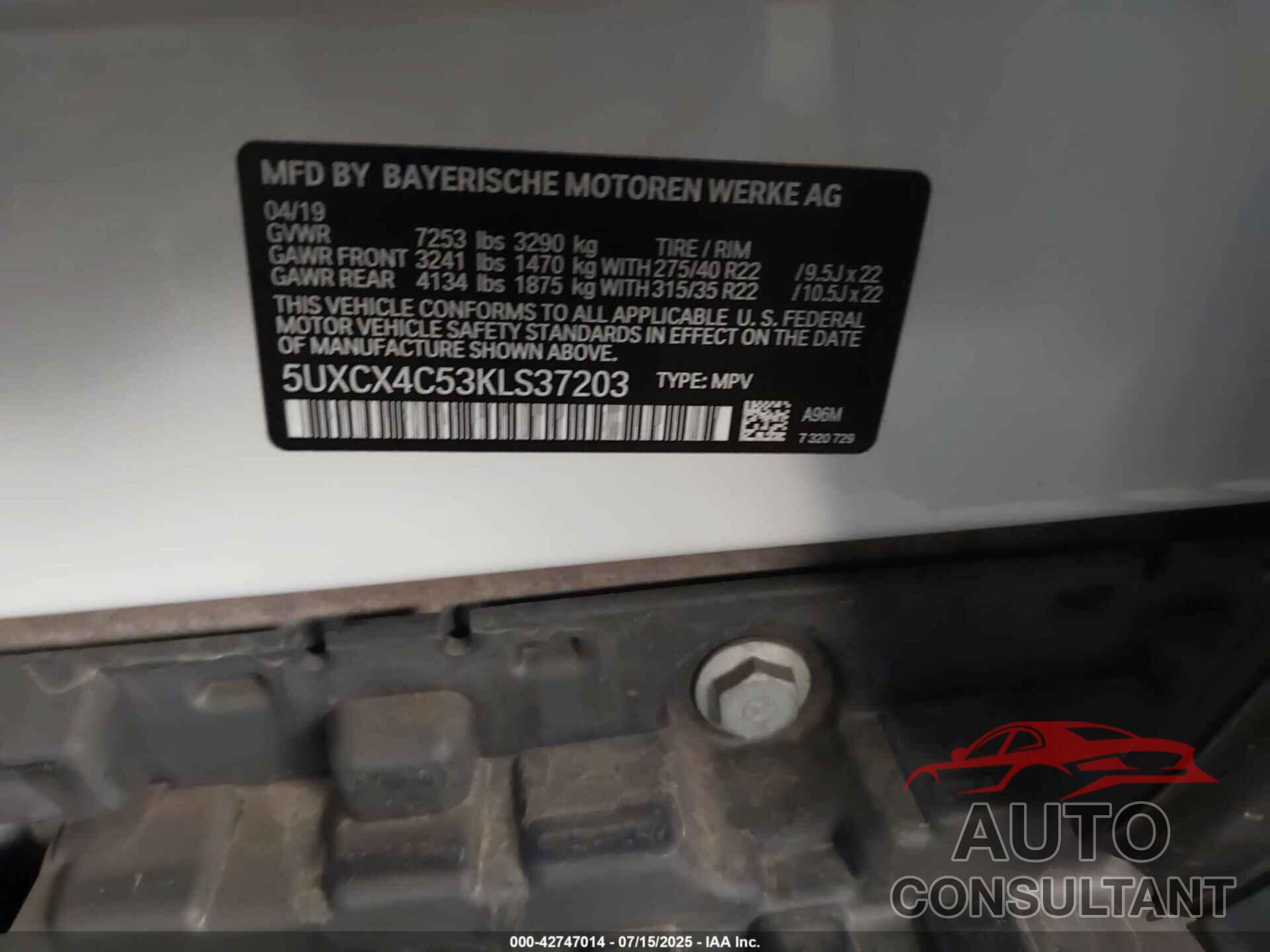 BMW X7 2019 - 5UXCX4C53KLS37203