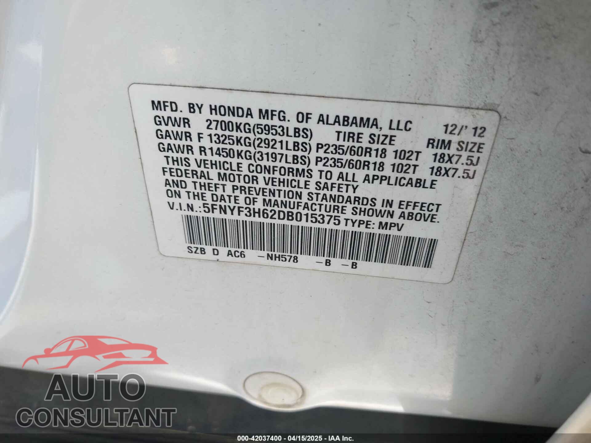 HONDA PILOT 2013 - 5FNYF3H62DB015375