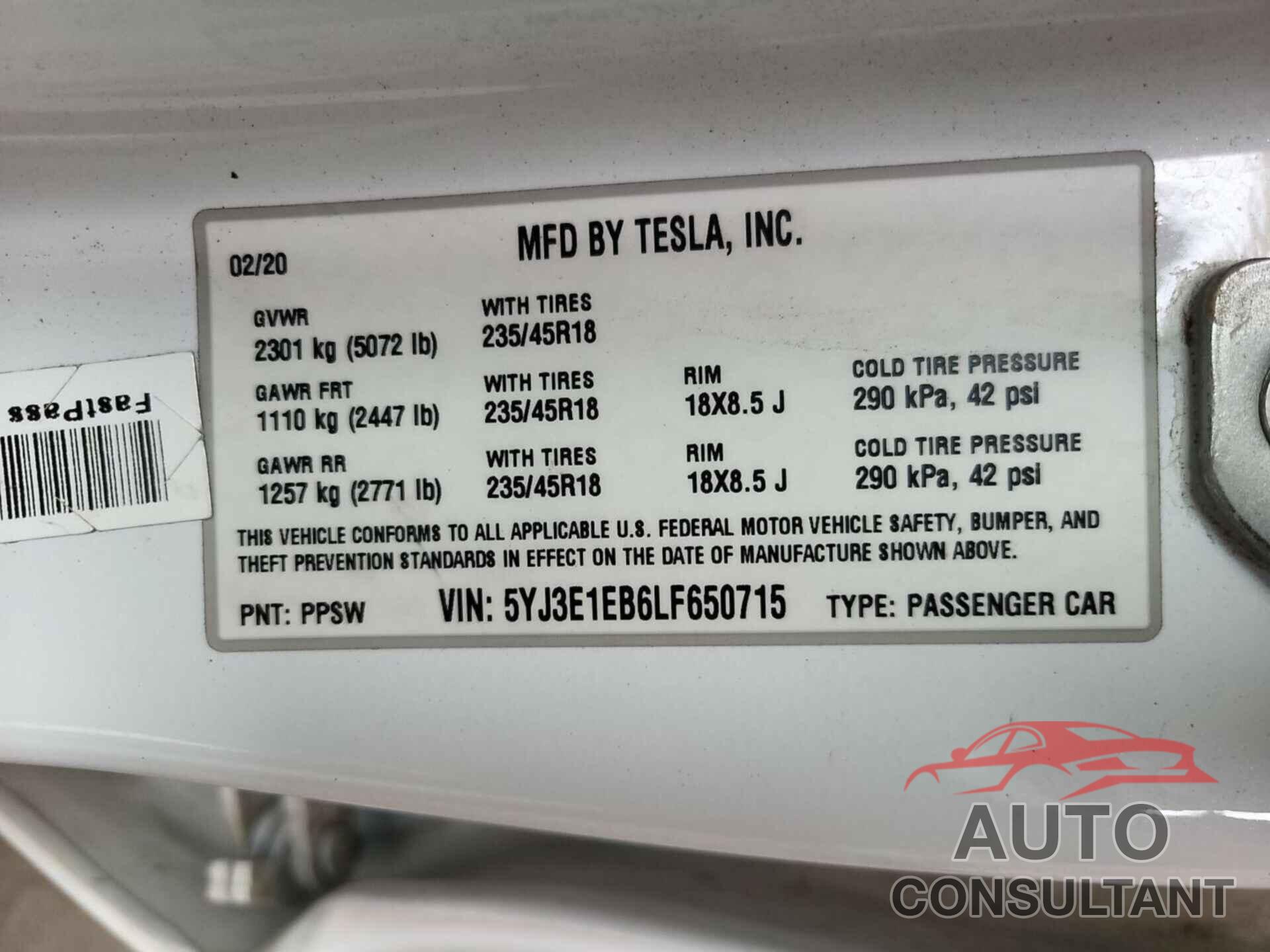 TESLA MODEL 3 2020 - 5YJ3E1EB6LF650715