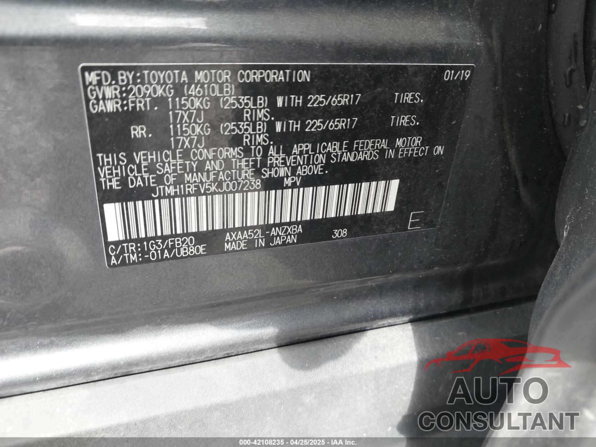 TOYOTA RAV4 2019 - JTMH1RFV5KJ007238