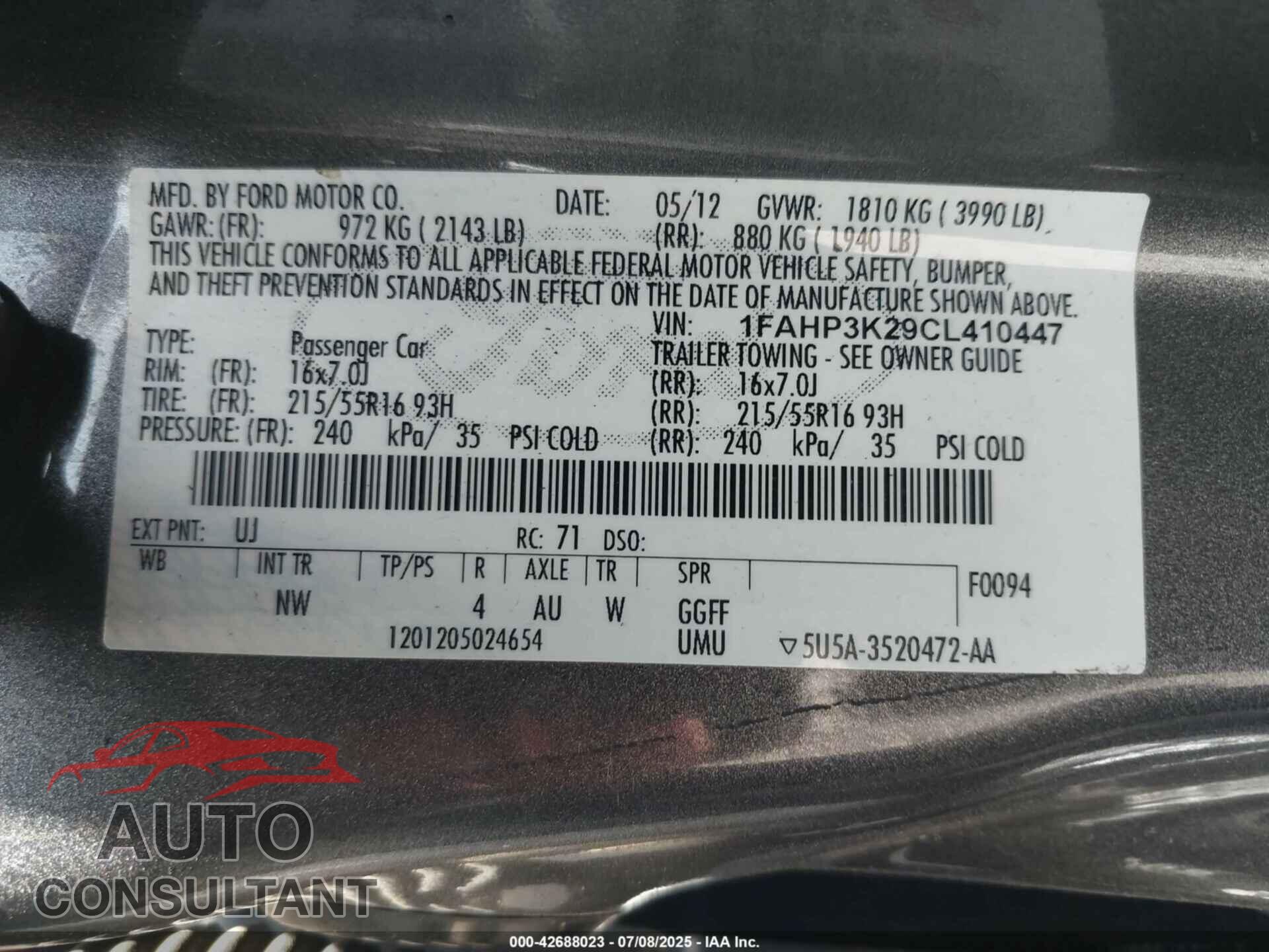 FORD FOCUS 2012 - 1FAHP3K29CL410447