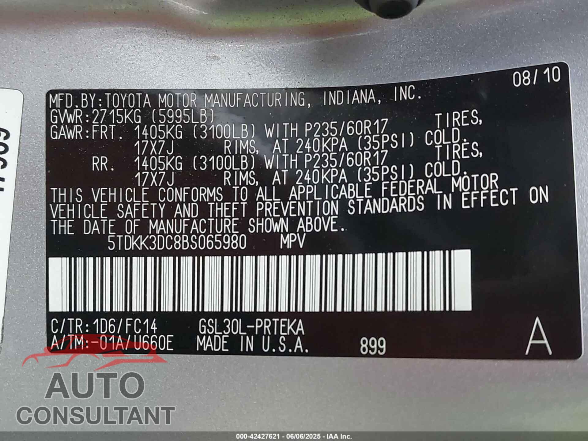 TOYOTA SIENNA 2011 - 5TDKK3DC8BS065980