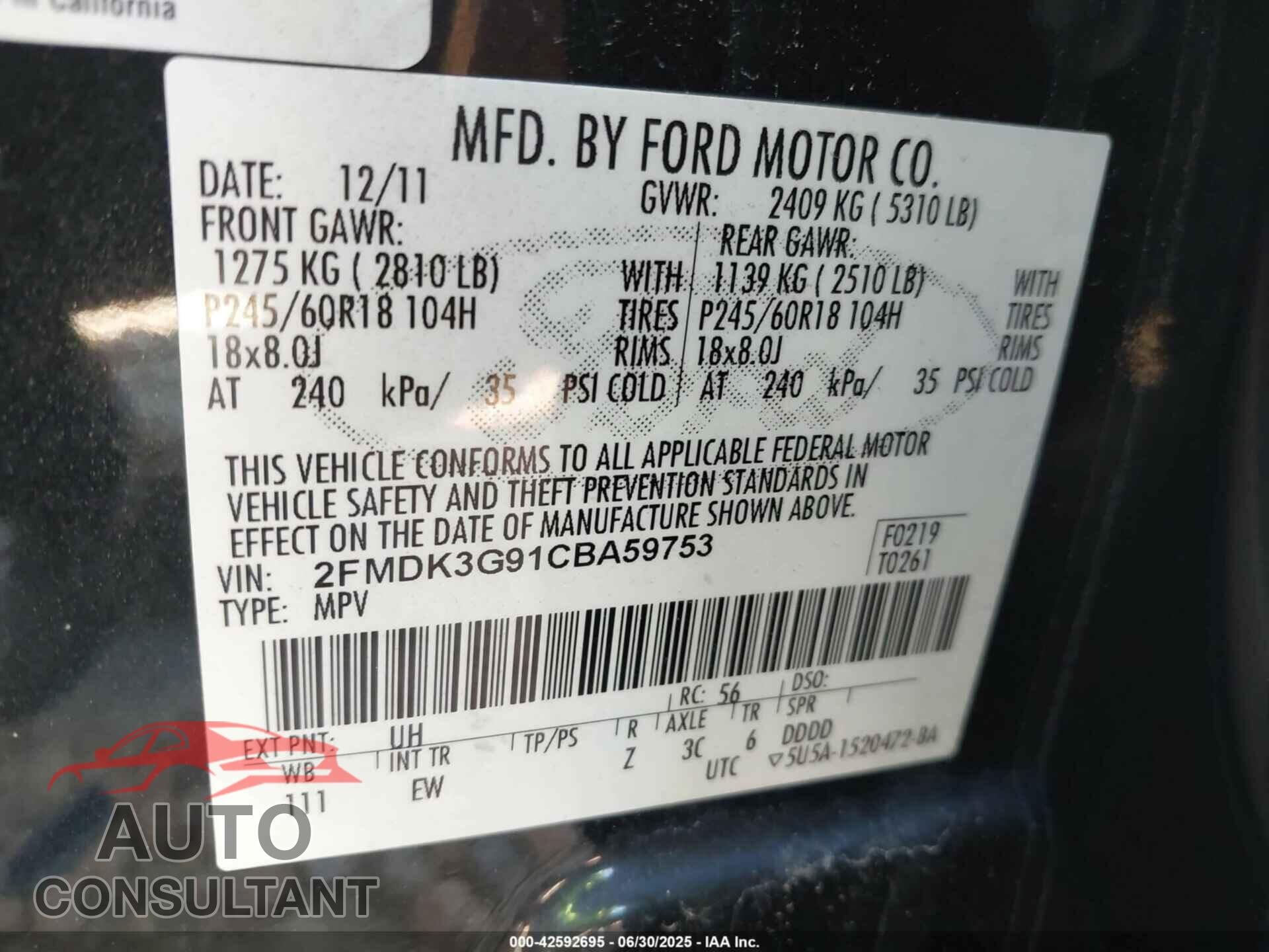 FORD EDGE 2012 - 2FMDK3G91CBA59753