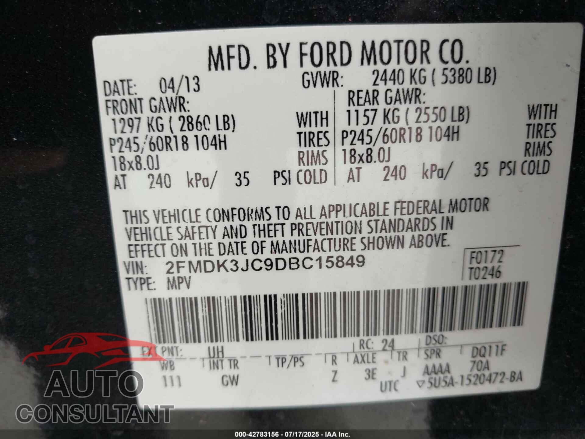 FORD EDGE 2013 - 2FMDK3JC9DBC15849