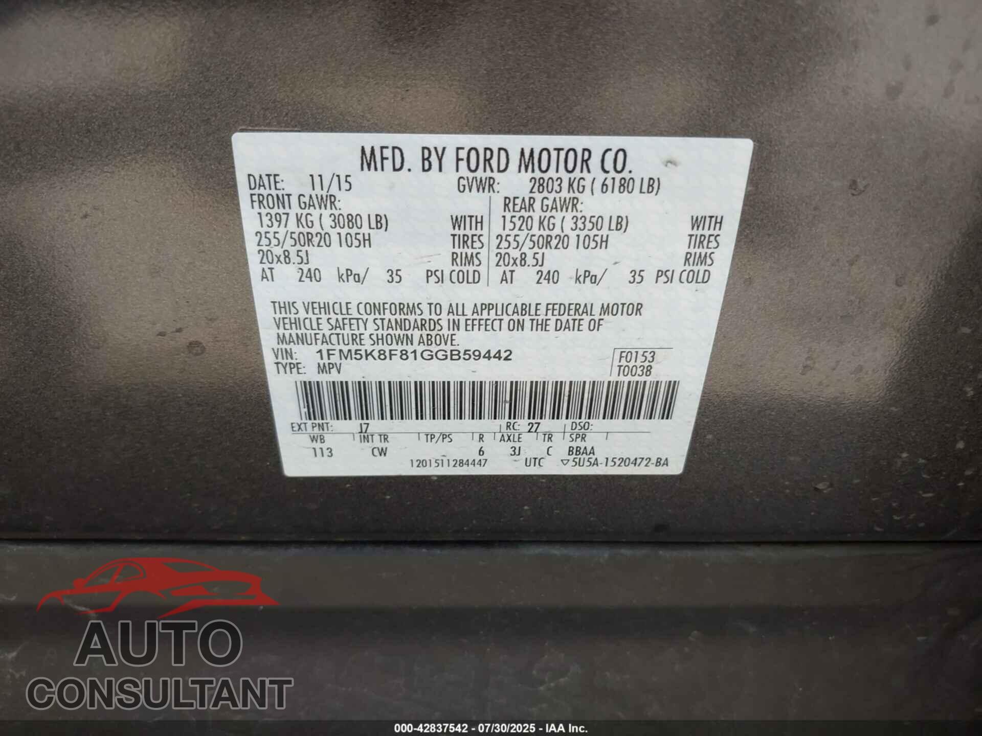 FORD EXPLORER 2016 - 1FM5K8F81GGB59442