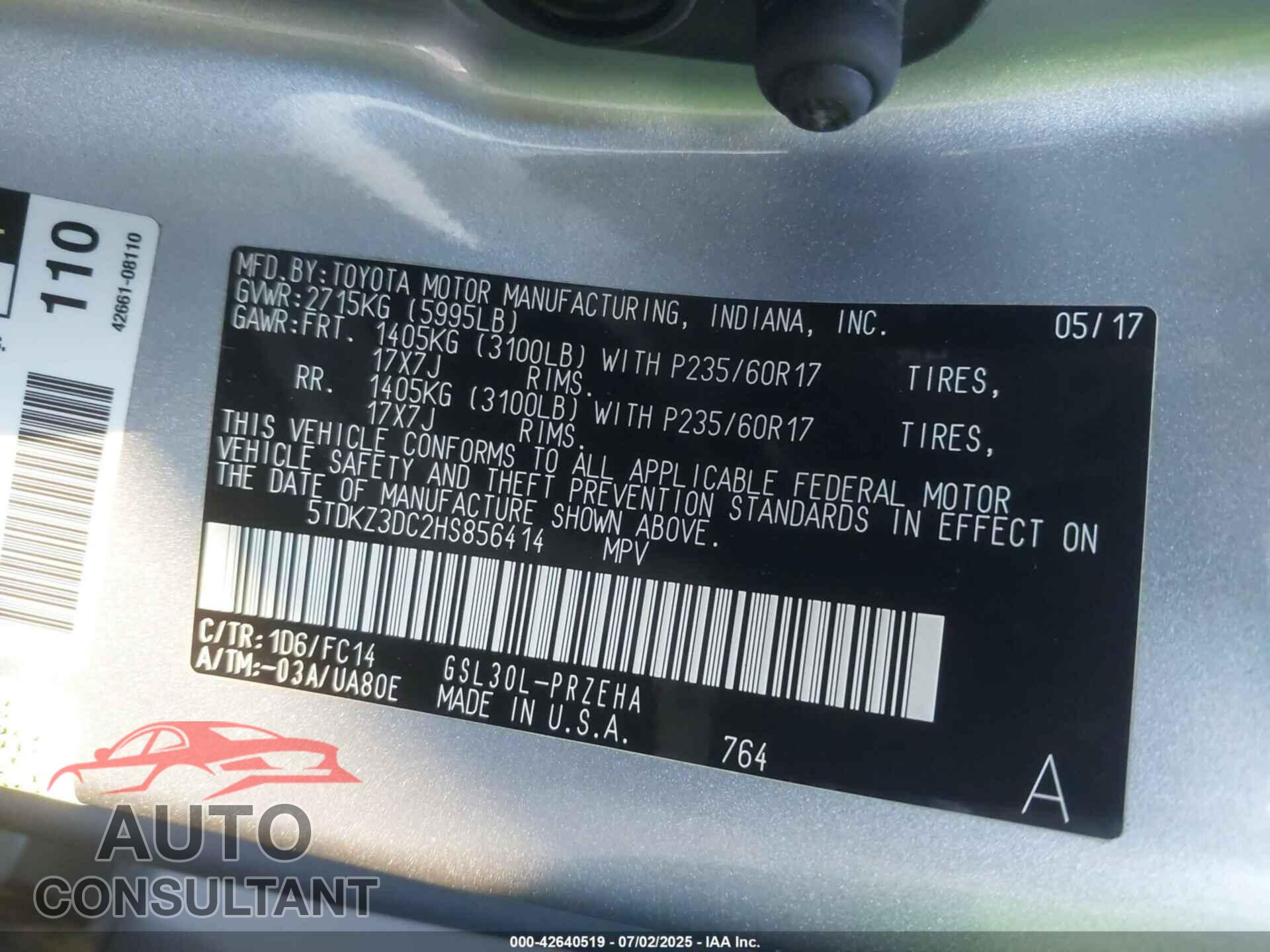 TOYOTA SIENNA 2017 - 5TDKZ3DC2HS856414