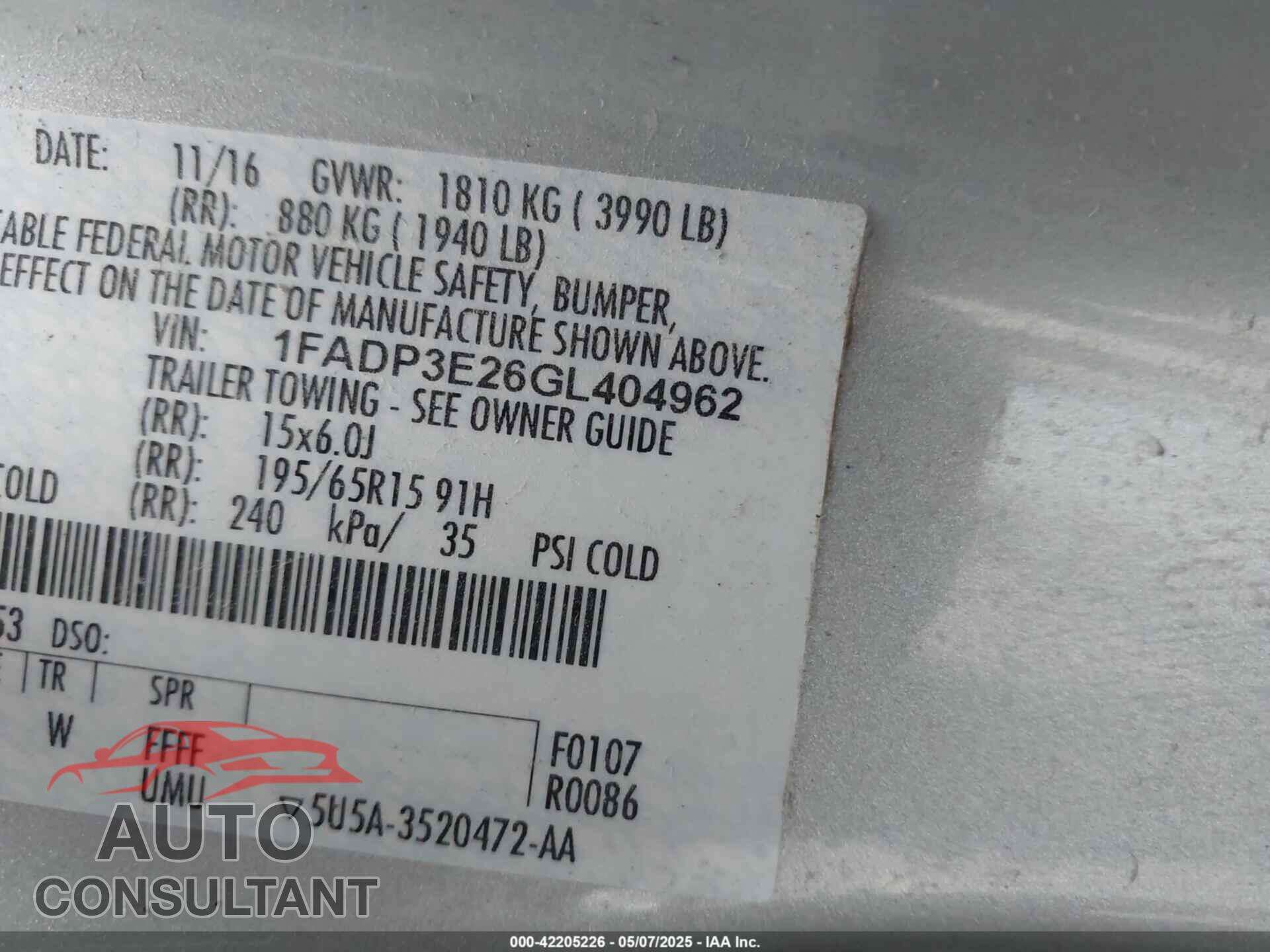 FORD FOCUS 2016 - 1FADP3E26GL404962