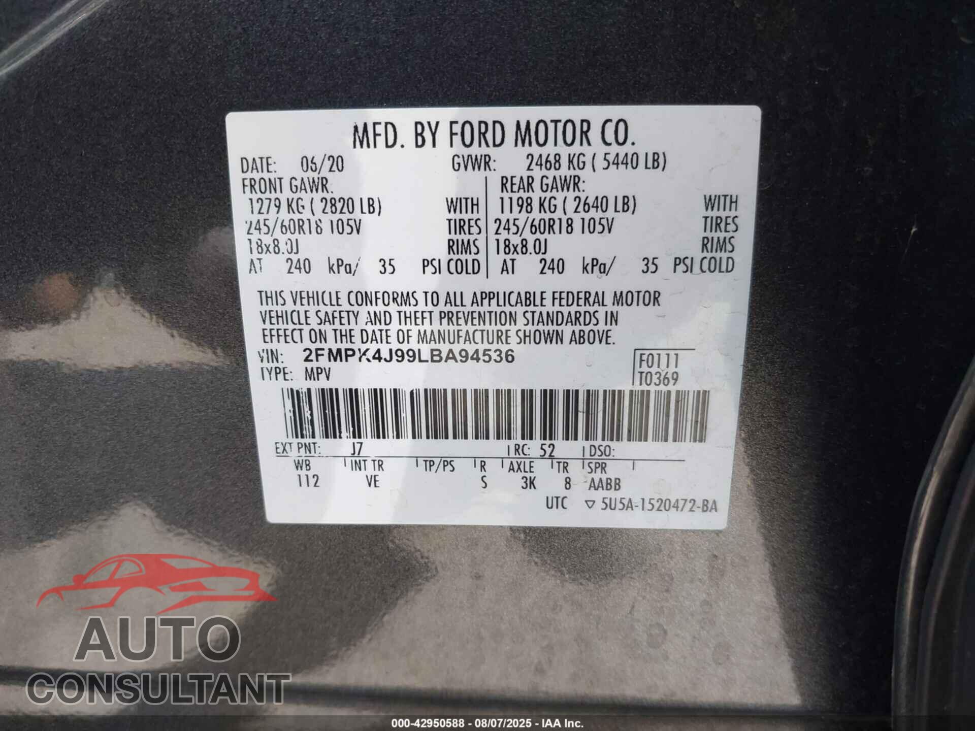 FORD EDGE 2020 - 2FMPK4J99LBA94536