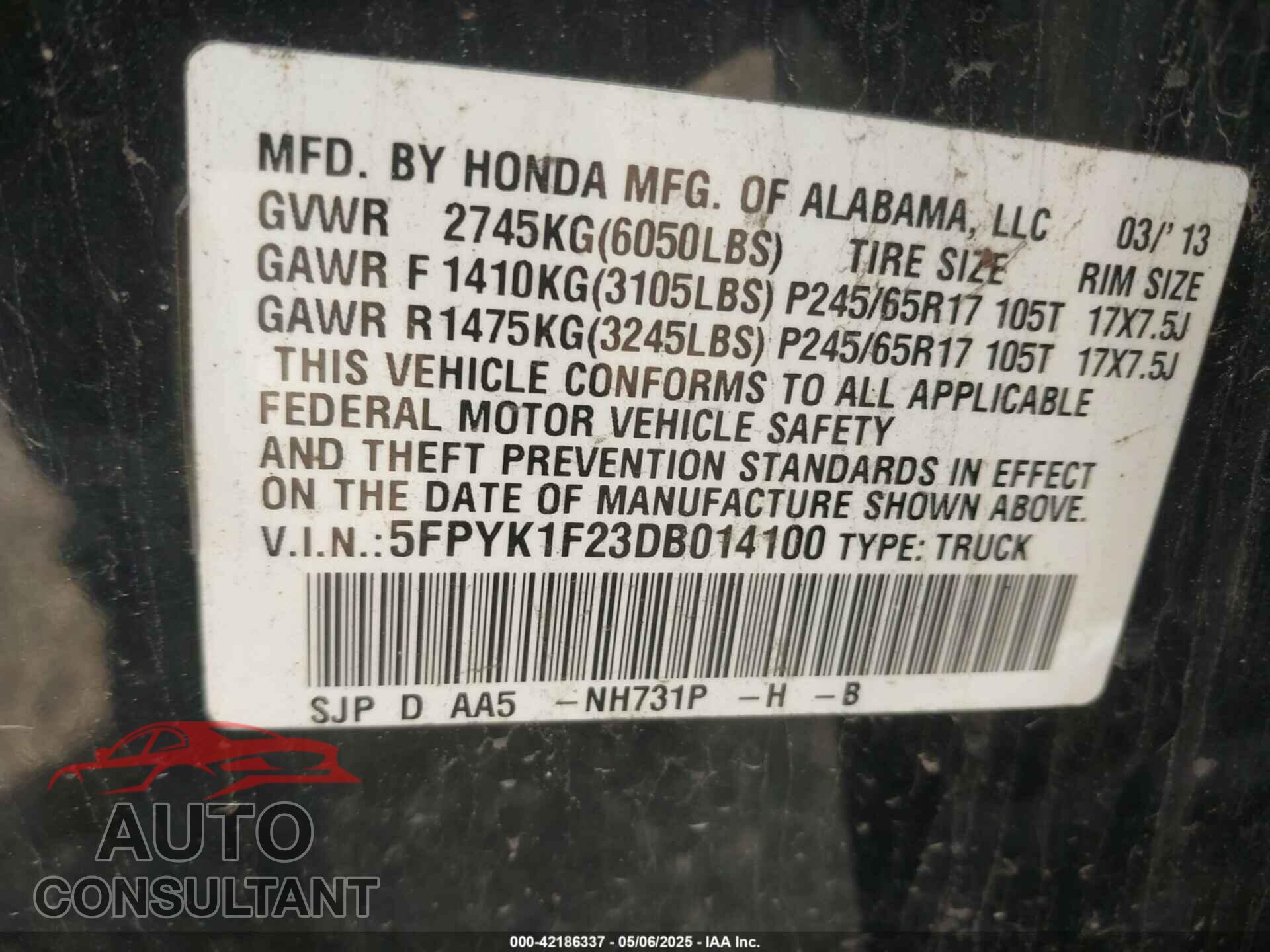 HONDA RIDGELINE 2013 - 5FPYK1F23DB014100