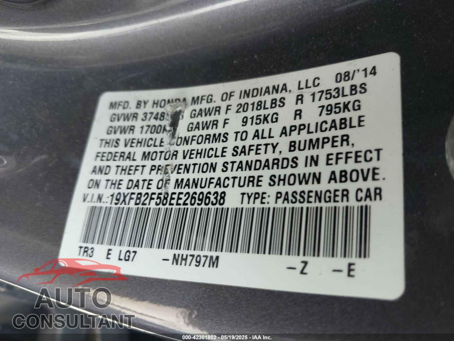 HONDA CIVIC 2014 - 19XFB2F58EE269638