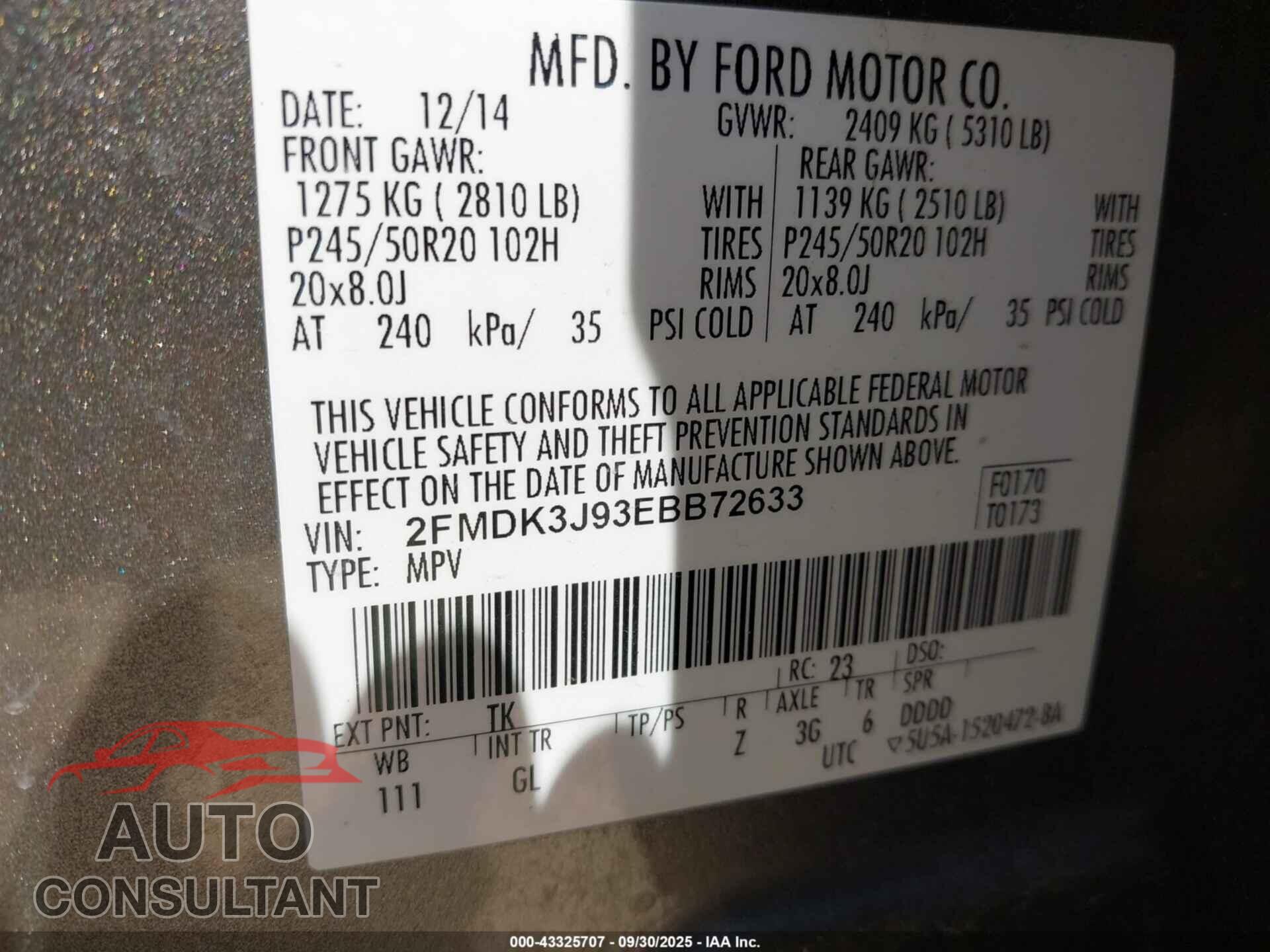 FORD EDGE 2014 - 2FMDK3J93EBB72633