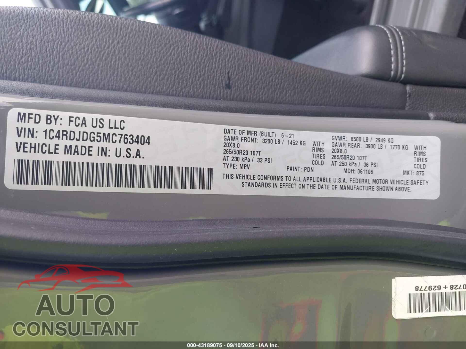 DODGE DURANGO 2021 - 1C4RDJDG5MC763404