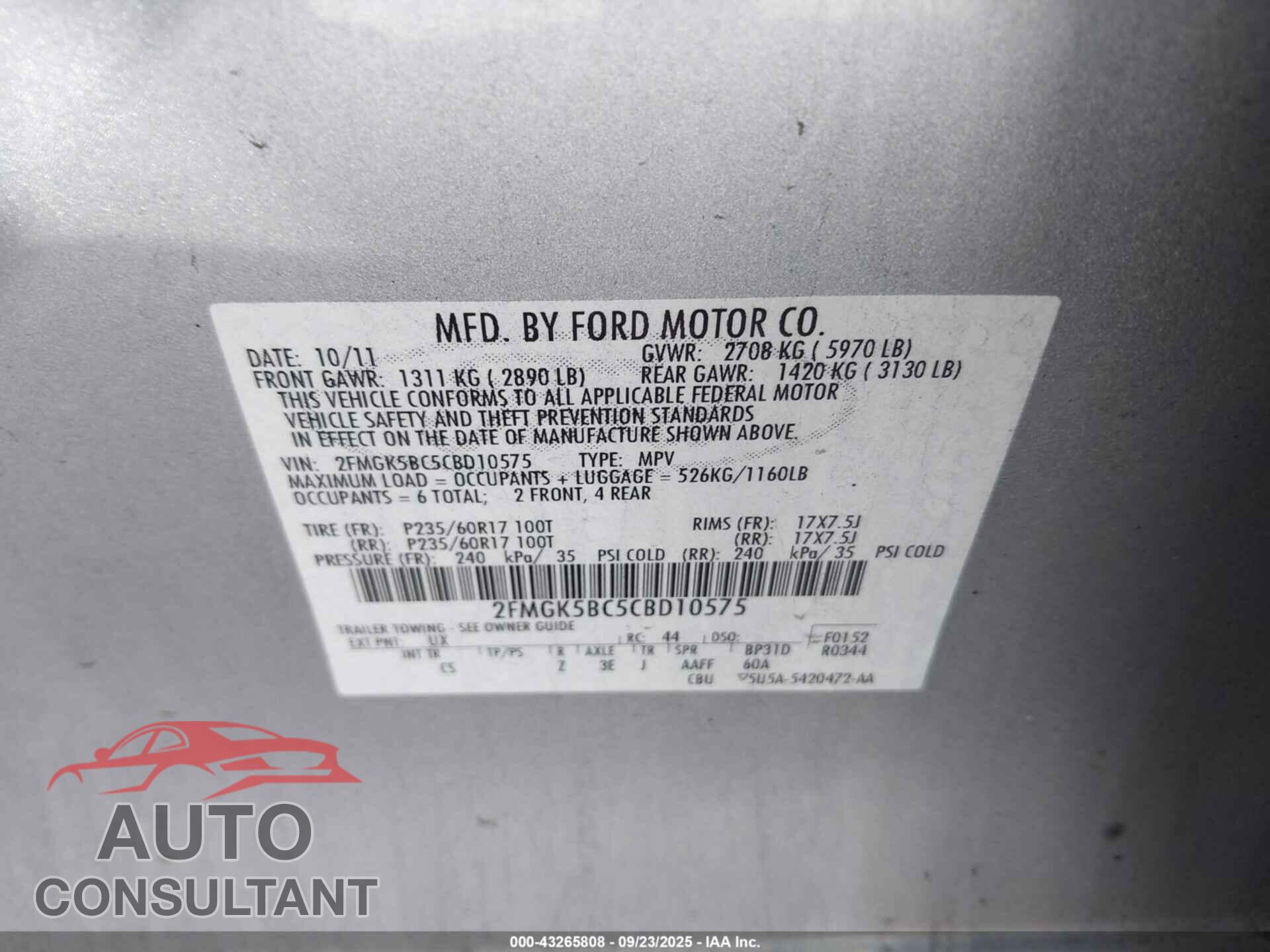 FORD FLEX 2012 - 2FMGK5BC5CBD10575