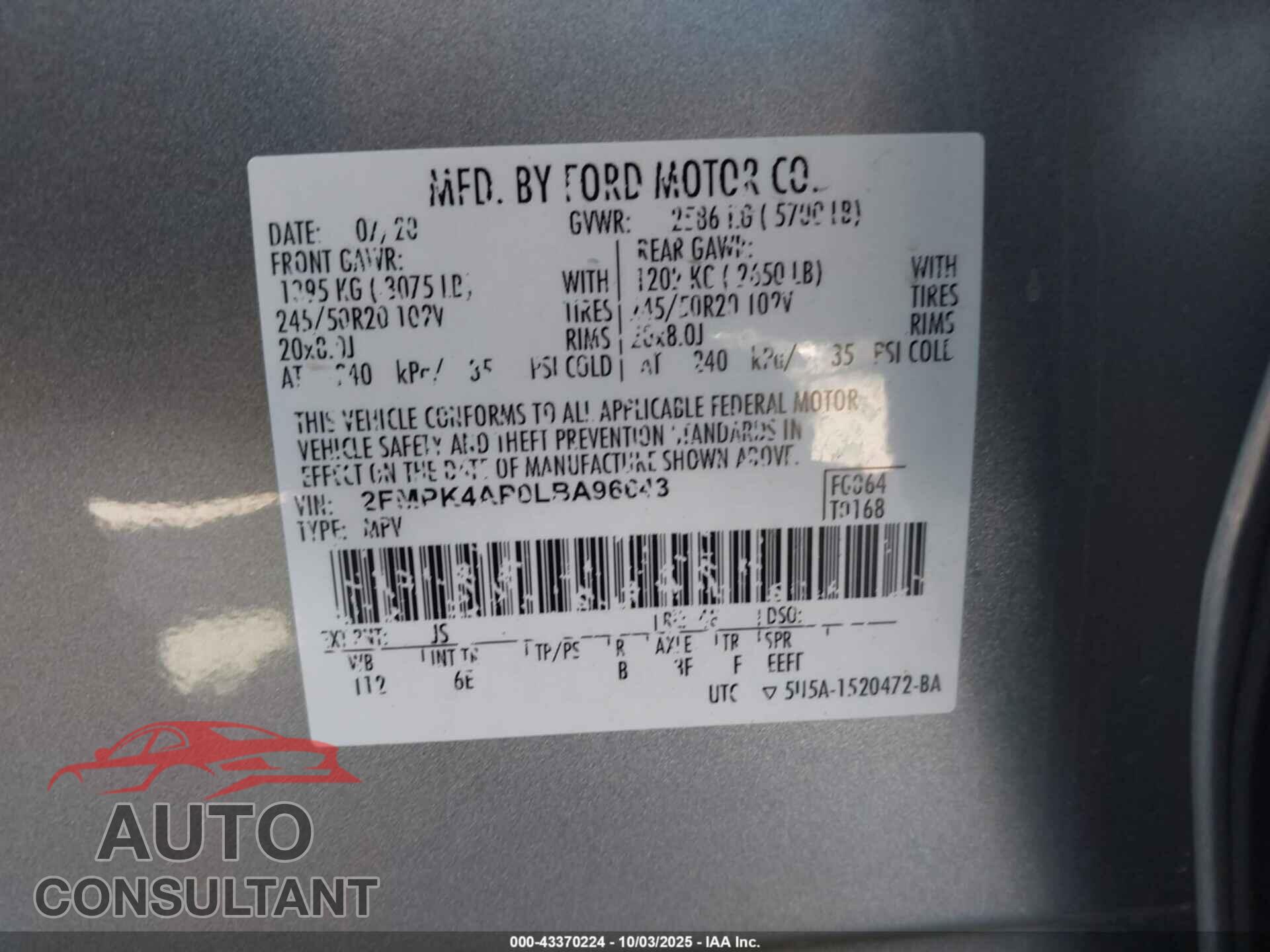 FORD EDGE 2020 - 2FMPK4AP0LBA96643