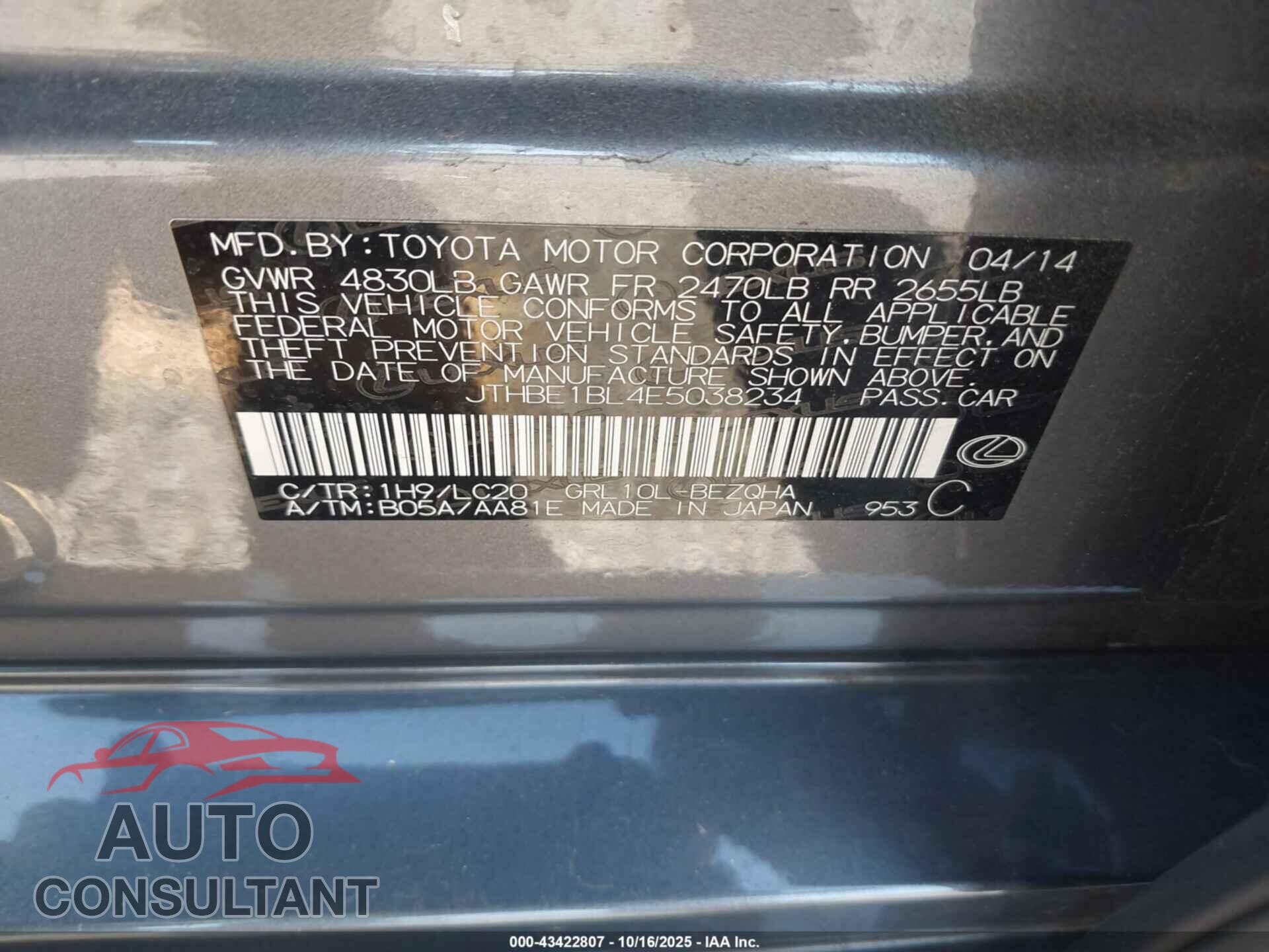 LEXUS GS 350 2014 - JTHBE1BL4E5038234