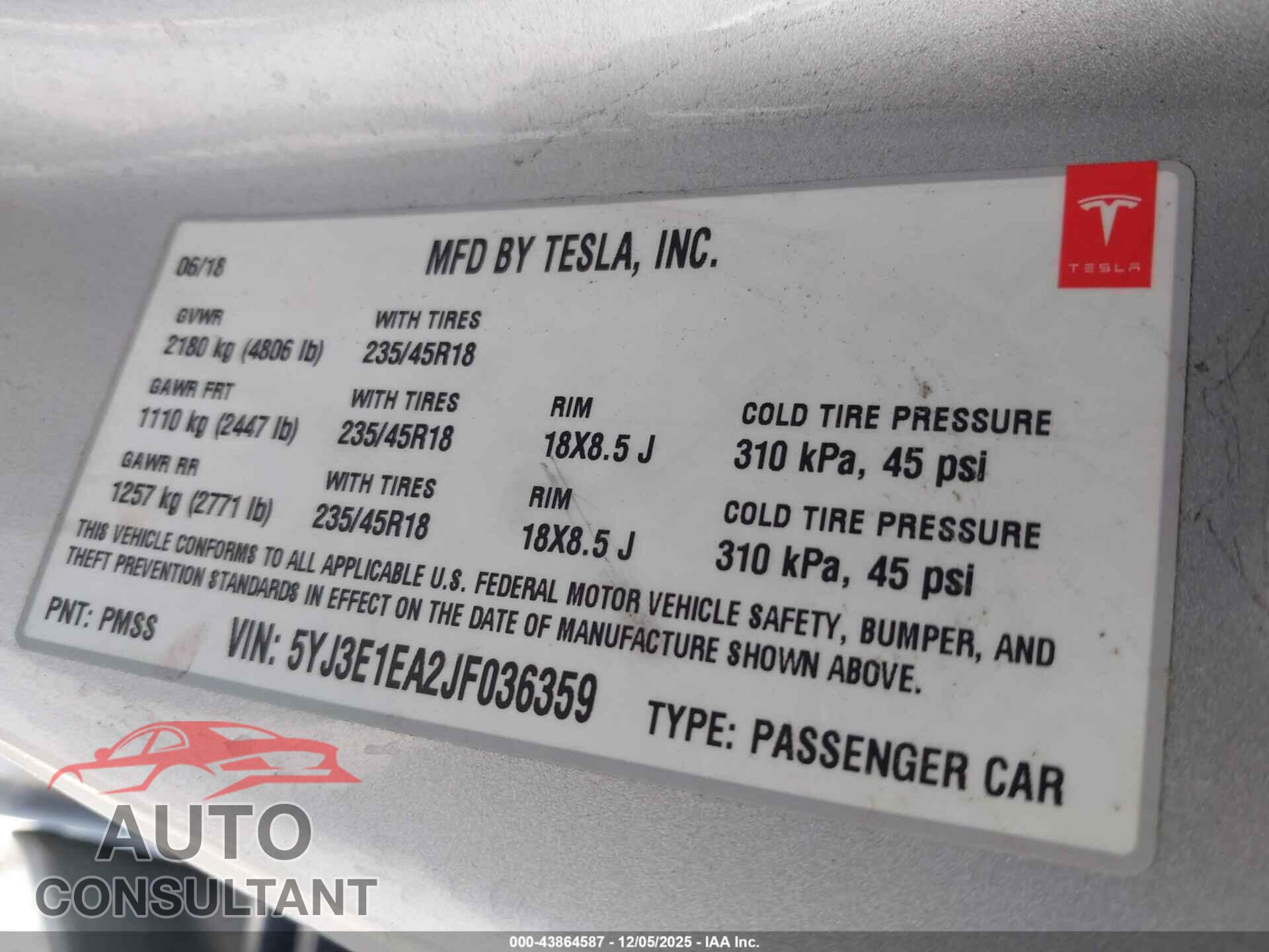 TESLA MODEL 3 2018 - 5YJ3E1EA2JF036359