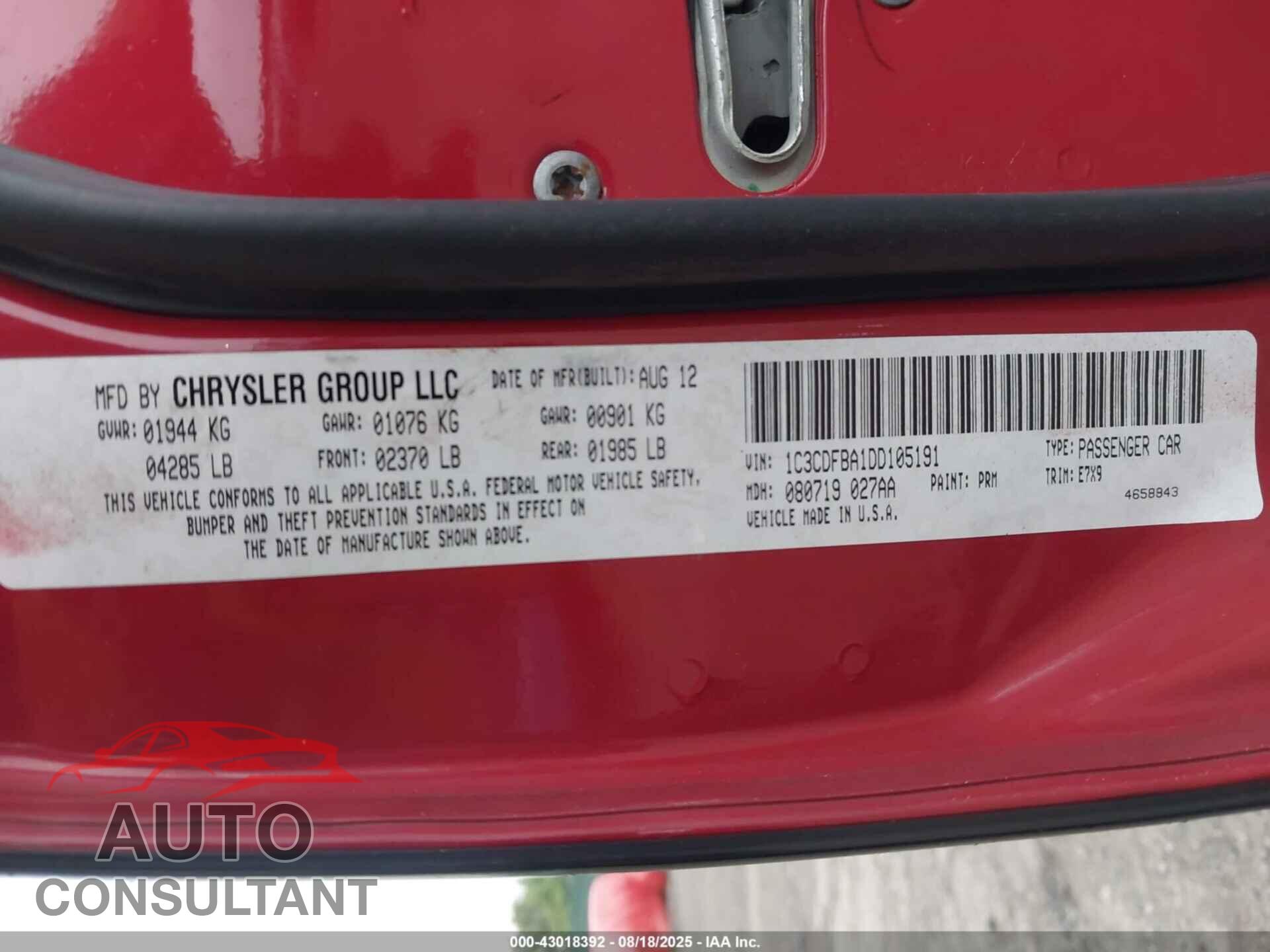 DODGE DART 2013 - 1C3CDFBA1DD105191