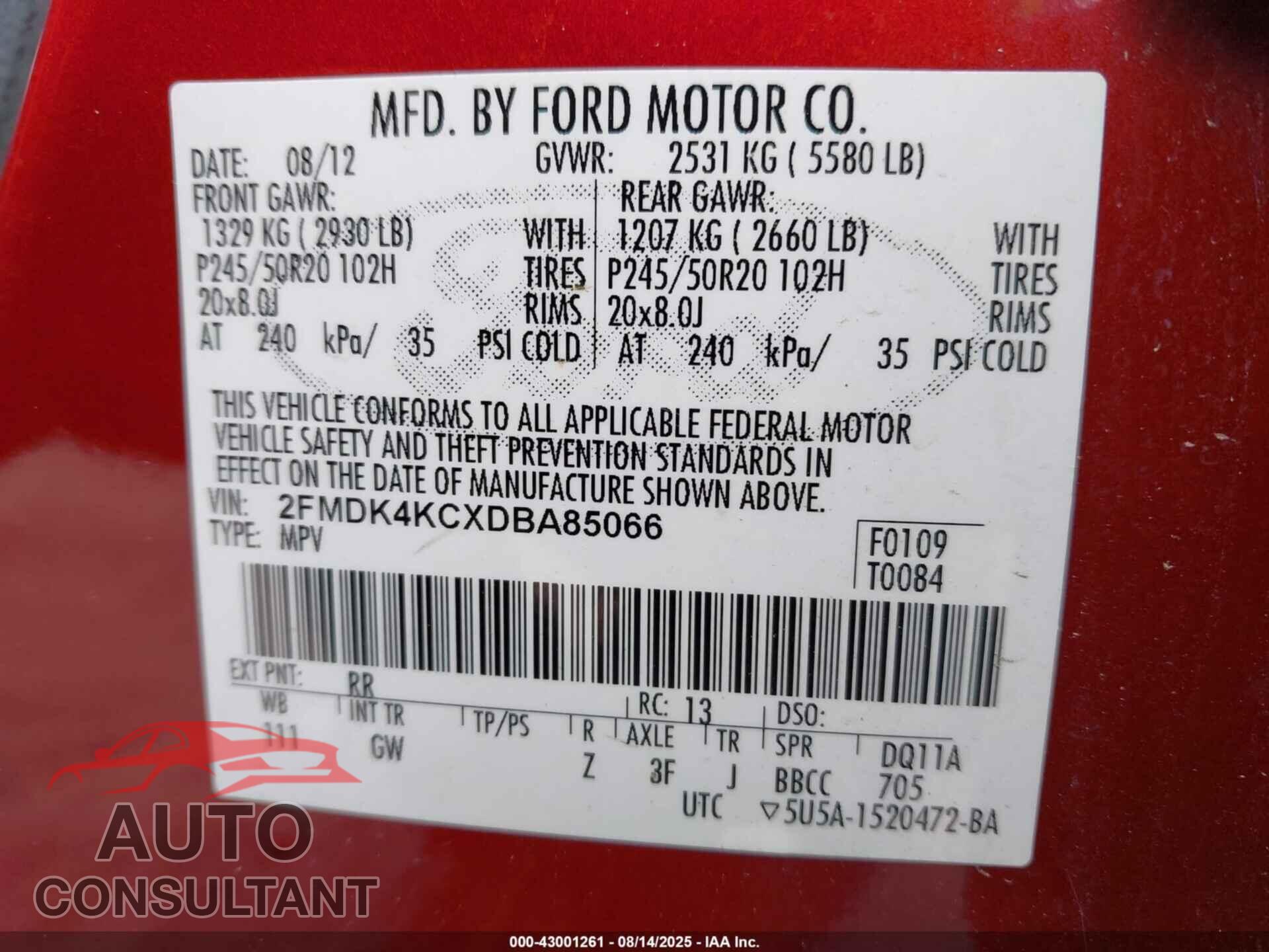 FORD EDGE 2013 - 2FMDK4KCXDBA85066