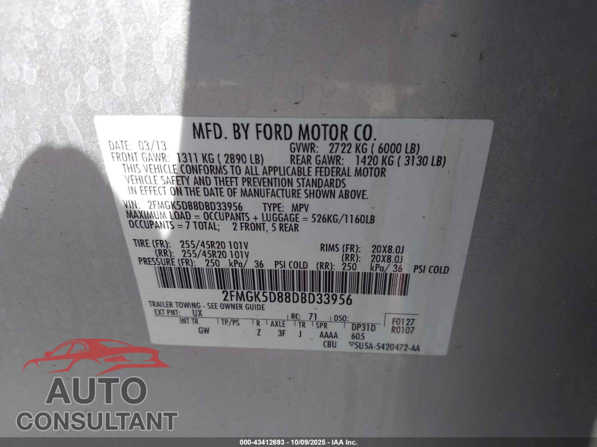 FORD FLEX 2013 - 2FMGK5D88DBD33956