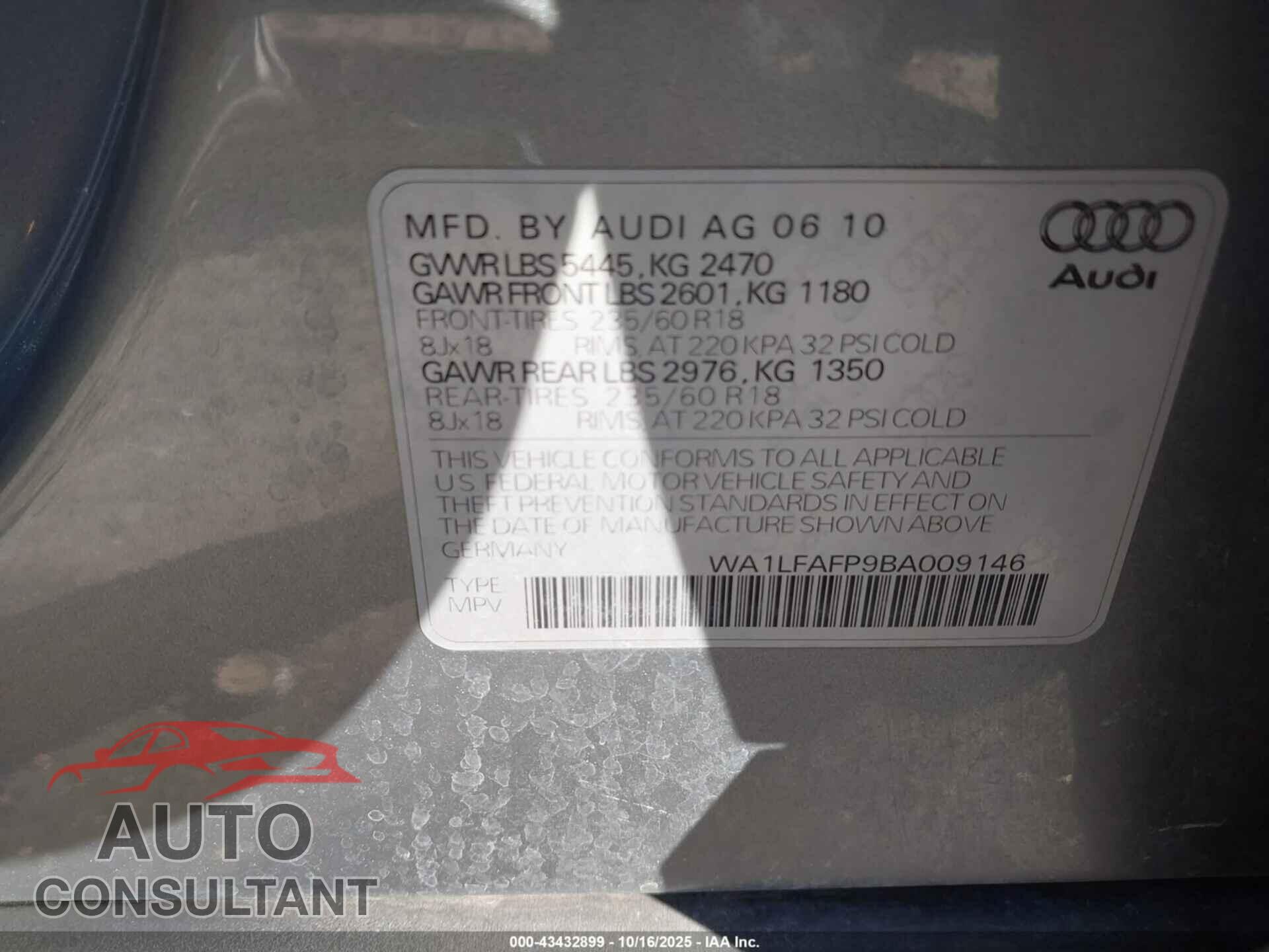 AUDI Q5 2011 - WA1LFAFP9BA009146
