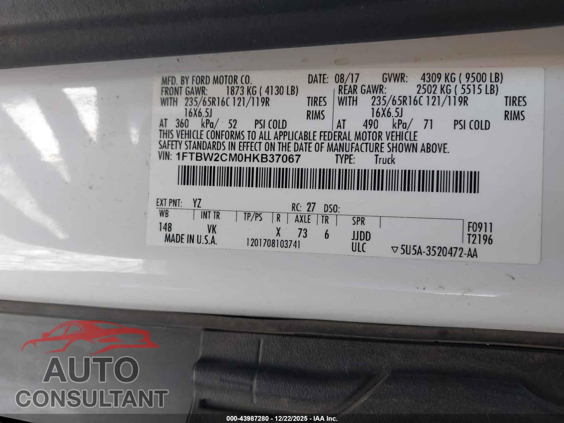 FORD TRANSIT-350 2017 - 1FTBW2CM0HKB37067